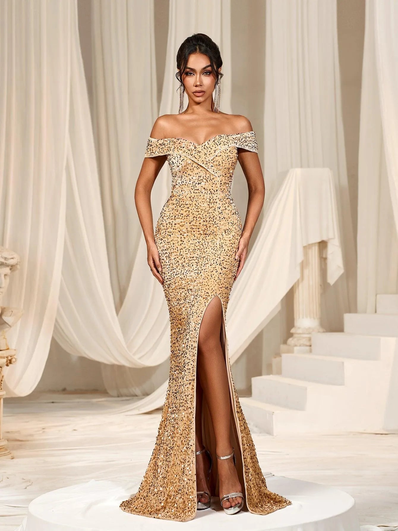 mermaid dress off the shoulder Elegant Off Shoulder Split Sequin Mermaid Dress Champagne / XS