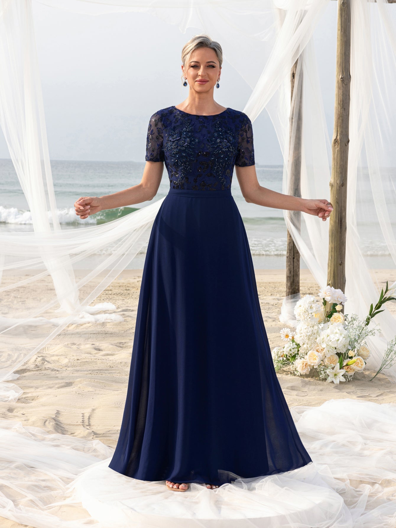 Womens' Evening Gown with Intricate Floral Appliqu & Flowing Chiffon Navy Blue / S Womens' Evening Gown with Intricate Floral Appliqu & Flowing Chiffon Navy Blue / S