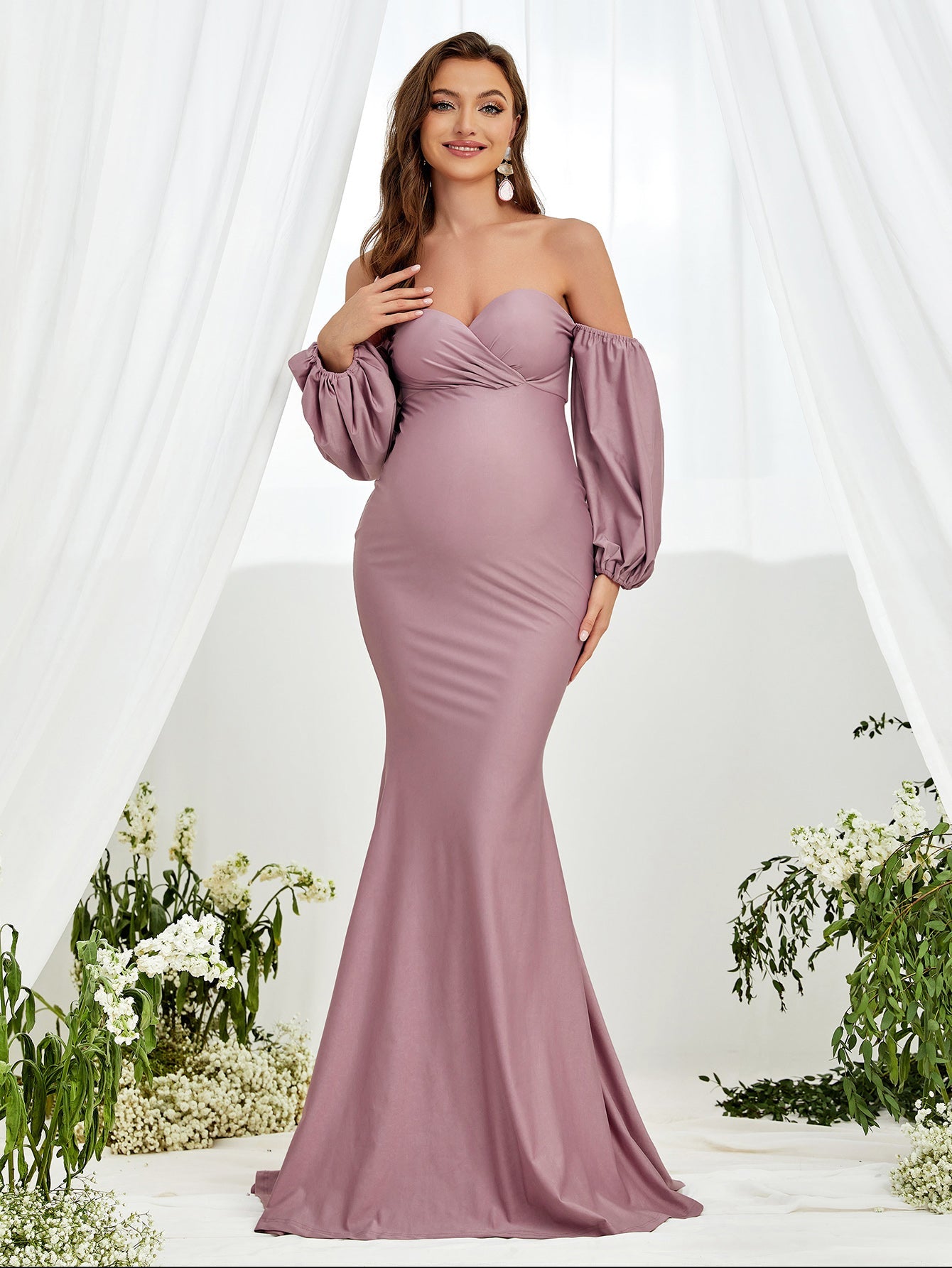 Maternity Off Shoulder Lantern Sleeve Mermaid Dress Mauve Purple / M