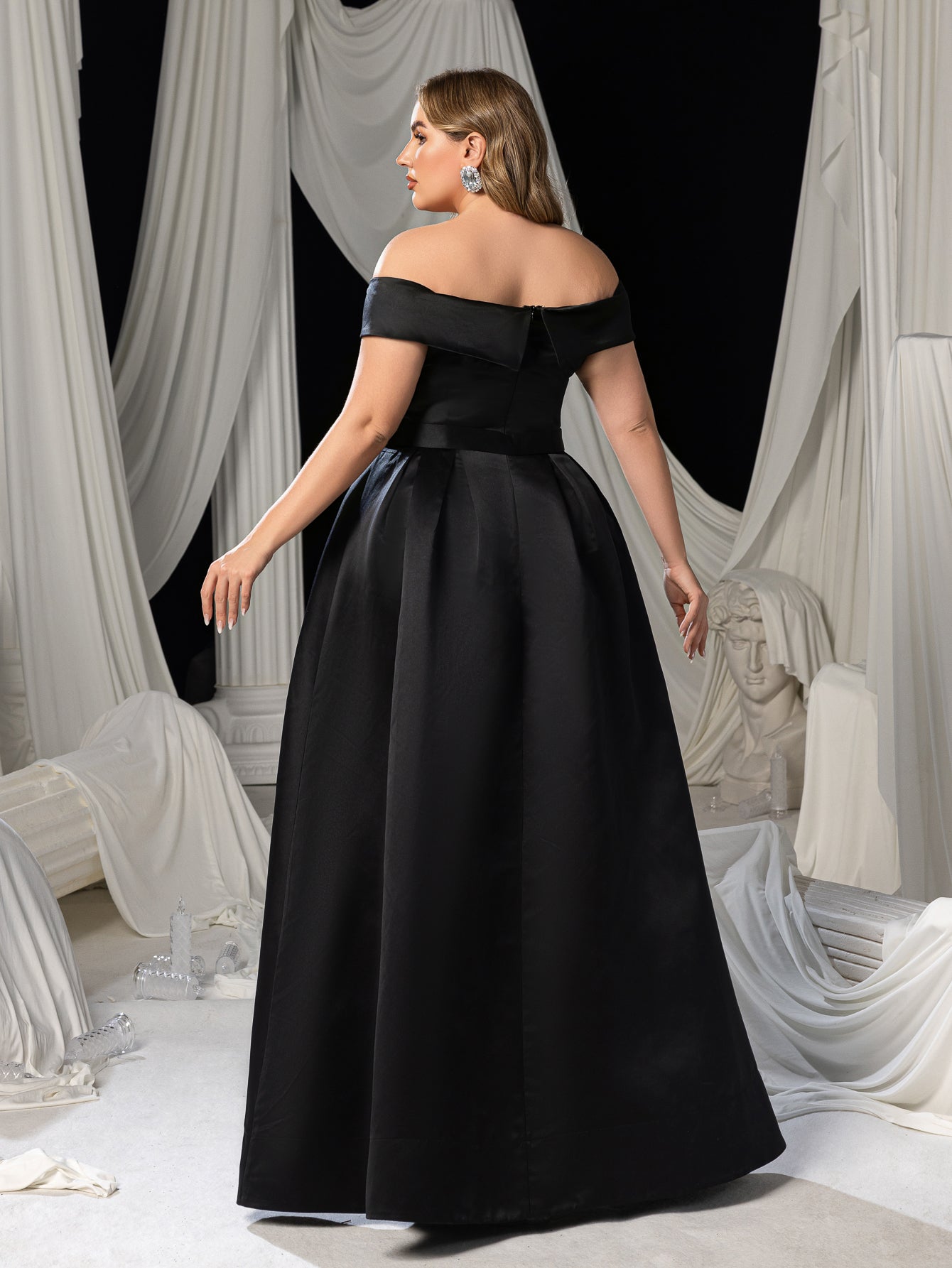 Plus Off Shoulder Buckle Belted Satin Ball Gown