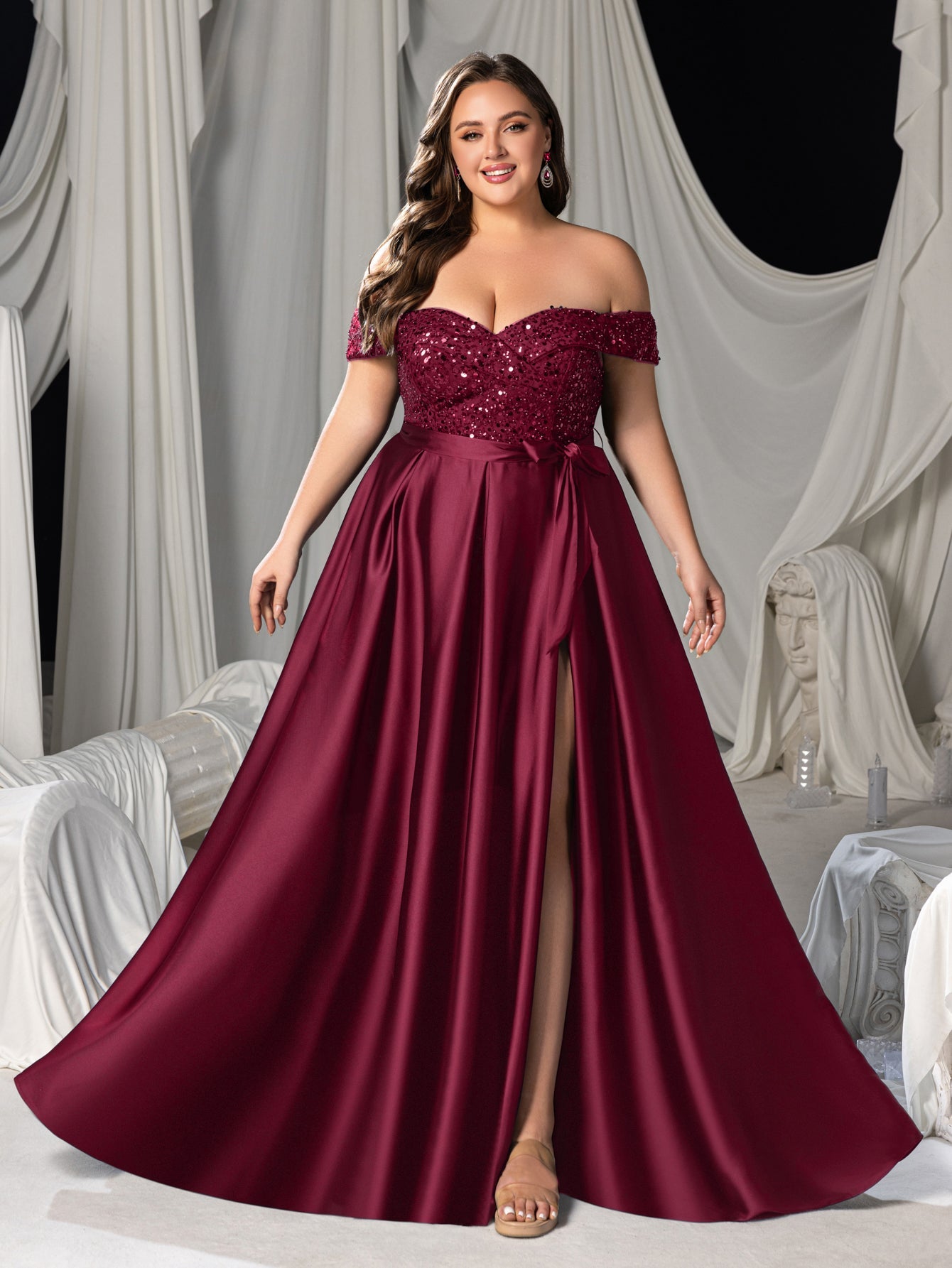 Plus Elegant Off-Shoulder Evening Gown with Sequin Embellishments – High Slit Satin Skirt & Back Zipper for Luxury Weddings or Evening Glam