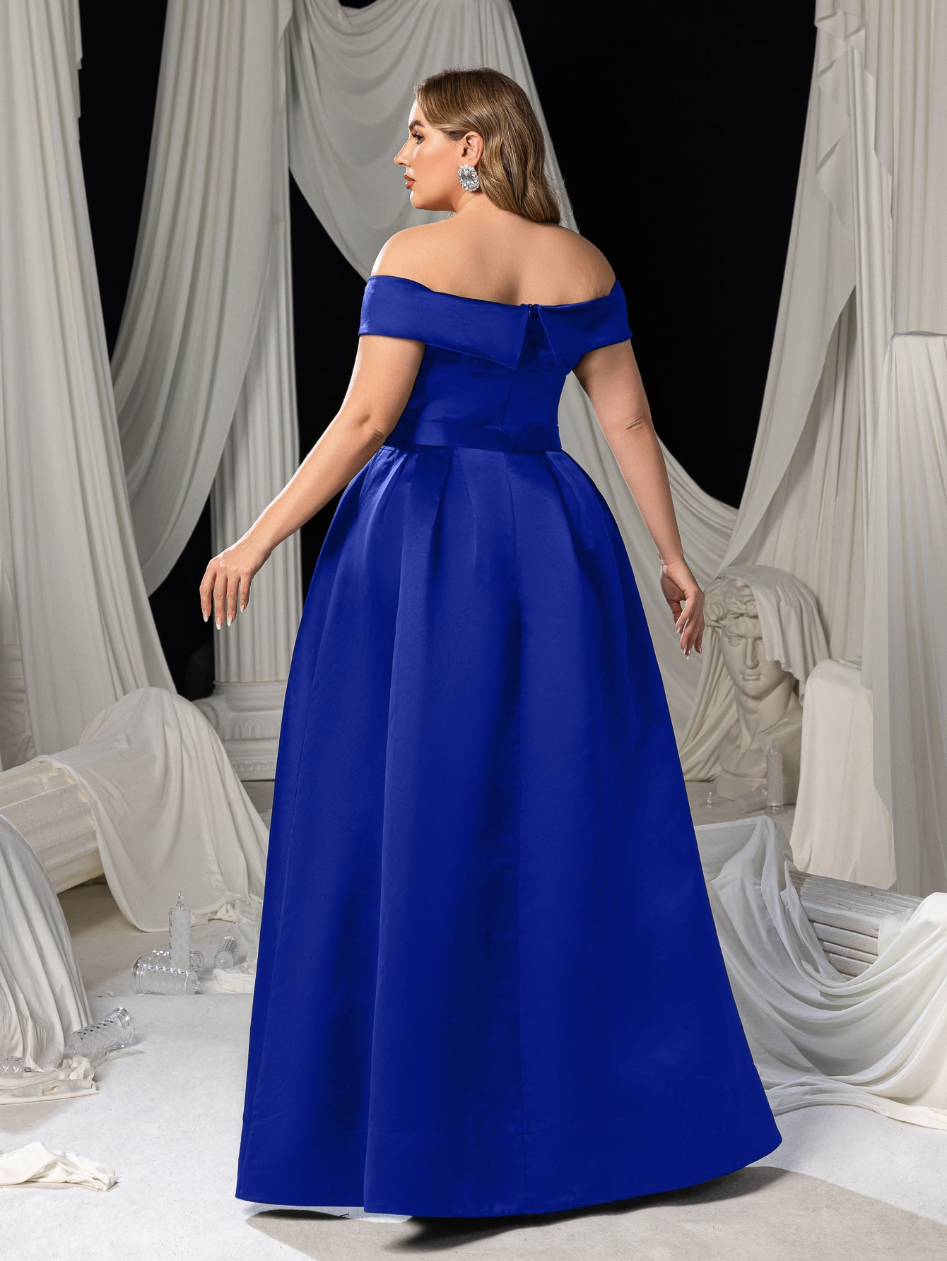 Plus Off Shoulder Buckle Belted Satin Ball Gown