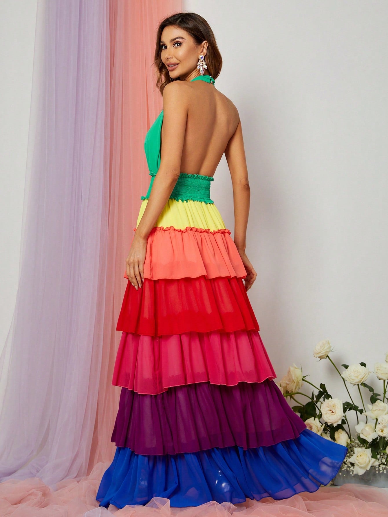 Halter Neck Backless Multicolor Chiffon Dress
