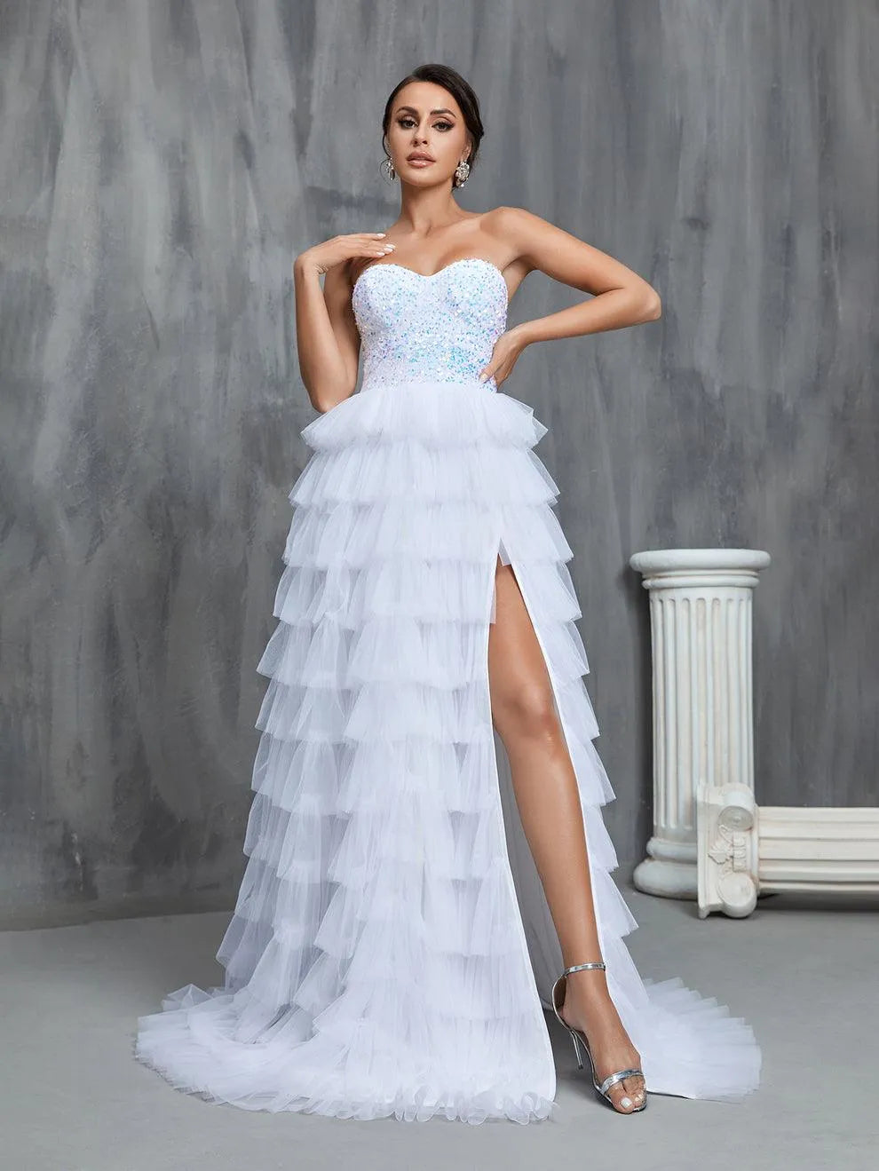 sequin bodice wedding dress Davinci Bridal 50822 Long Sheer Beaded Sequin Wedding Dress Formal Gown Train 12 / Ivory