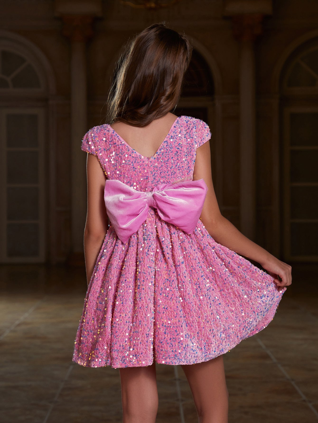 Girl's Bow Back Sequin A Line Dress