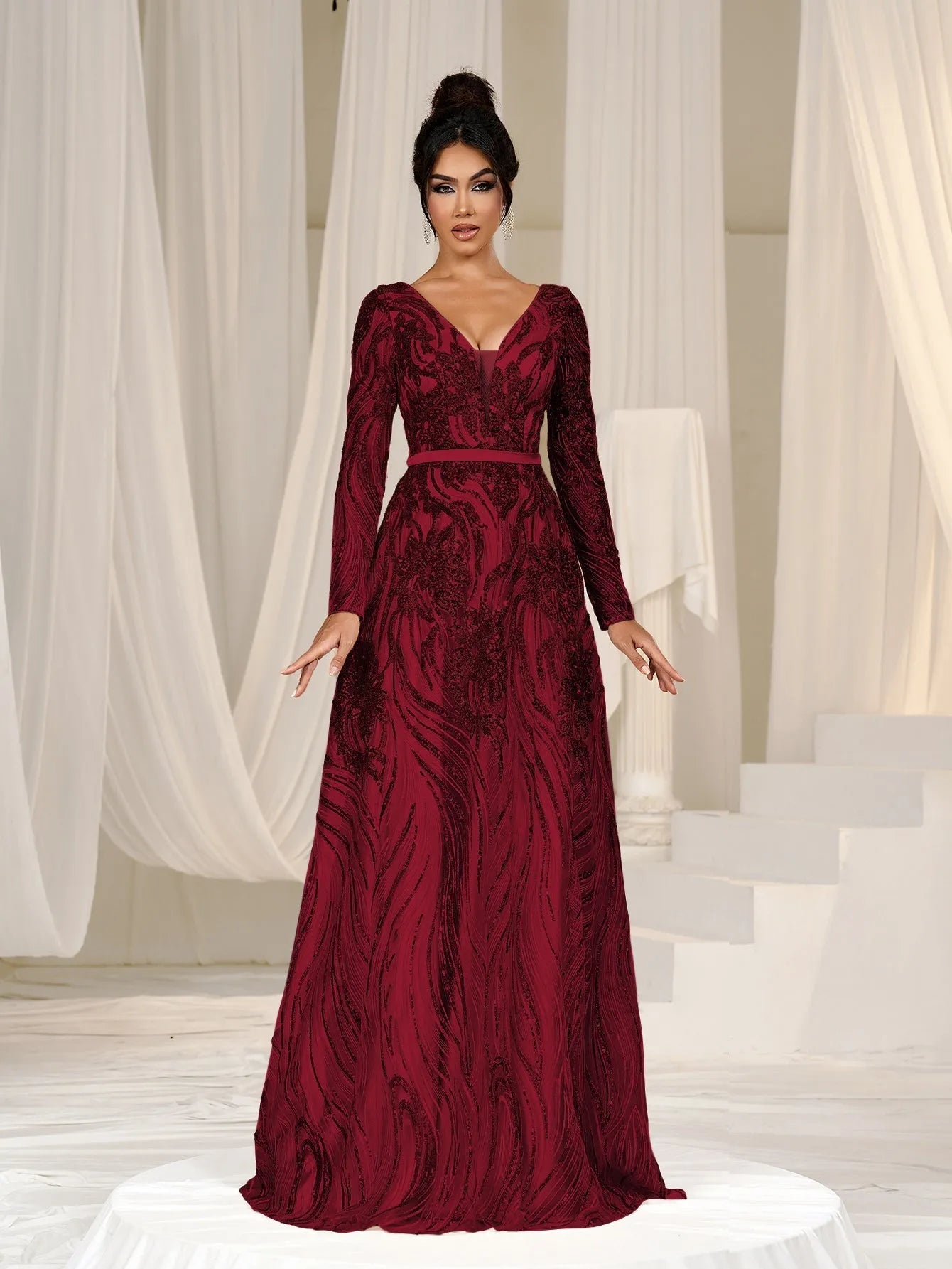 Long Sleeve Maroon Sequin Prom Dress Elegant Plunging Neck Lace-Up Back Graphic Sequin Formal Prom Dress Burgundy XL Long Sleeve Maroon Sequin Prom Dress Elegant Plunging Neck Lace-Up Back Graphic Sequin Formal Prom Dress Burgundy XL