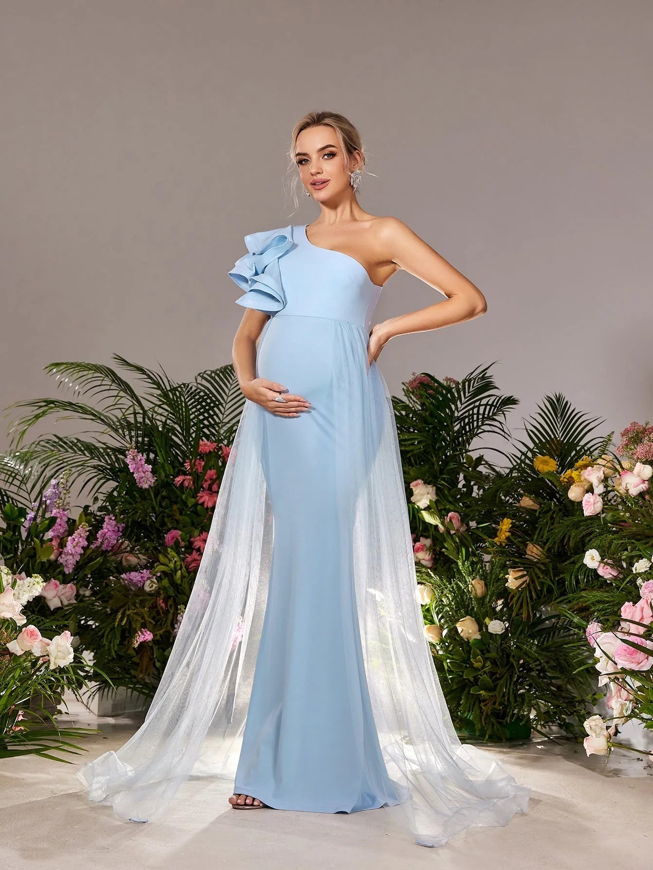 one shoulder maternity wedding dress Maternity One Shoulder Tulle Overlay Sequin Party Dress Champagne / XL