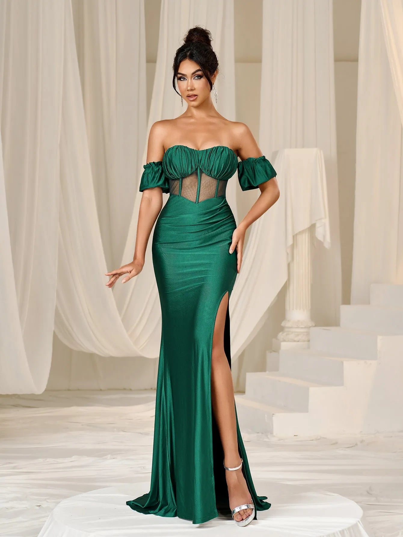 Elegant Off Shoulder Ruched Bust Split Mermaid Hem Evening Dress Dark Green / S Elegant Off Shoulder Ruched Bust Split Mermaid Hem Evening Dress Dark Green / S