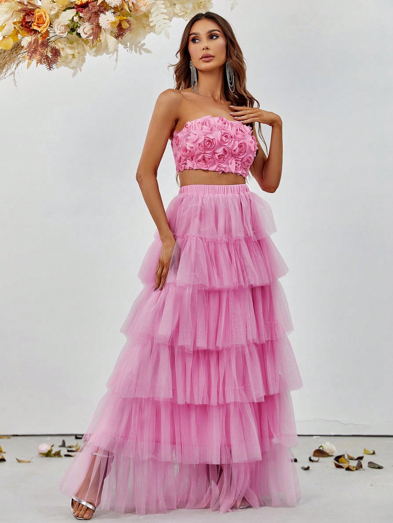 3D Flower Tube Top & Tiered Maxi Skirt