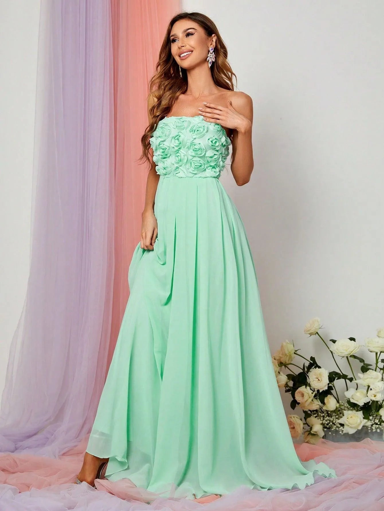 Elegant Tube Sleeveless Chiffon A Line Dresses Top With 3D Flower Green / L