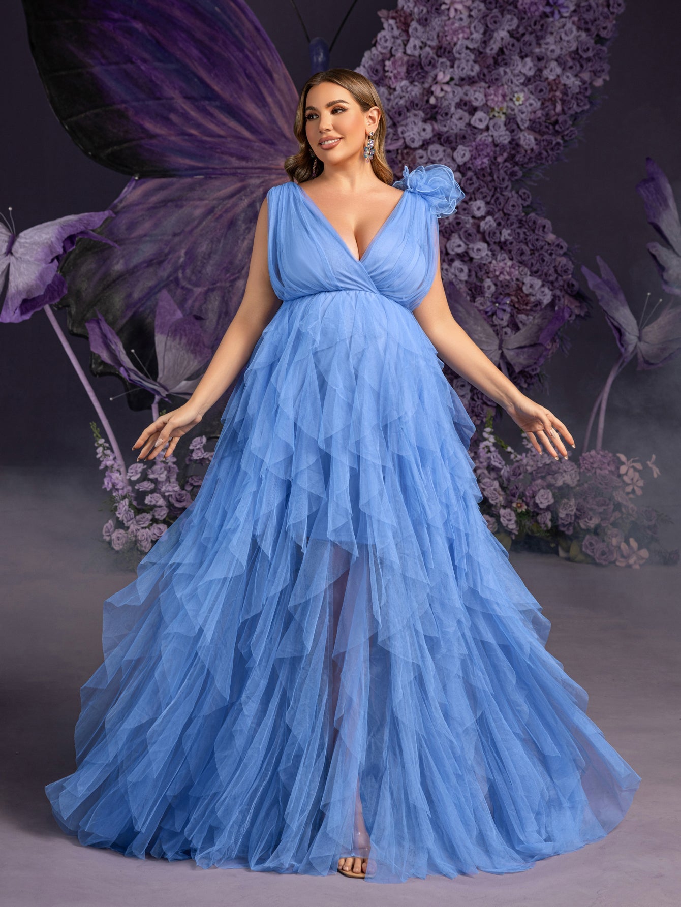 Plus Maternity Plunging Neck Stereo Flower Mesh Overlay Party Dress