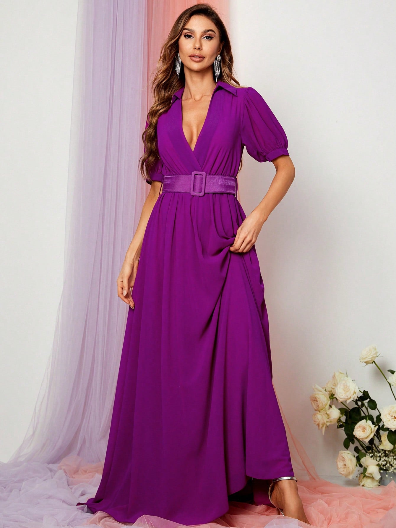 Deep V Neck Puff Sleeve Belted Maxi Dress1
