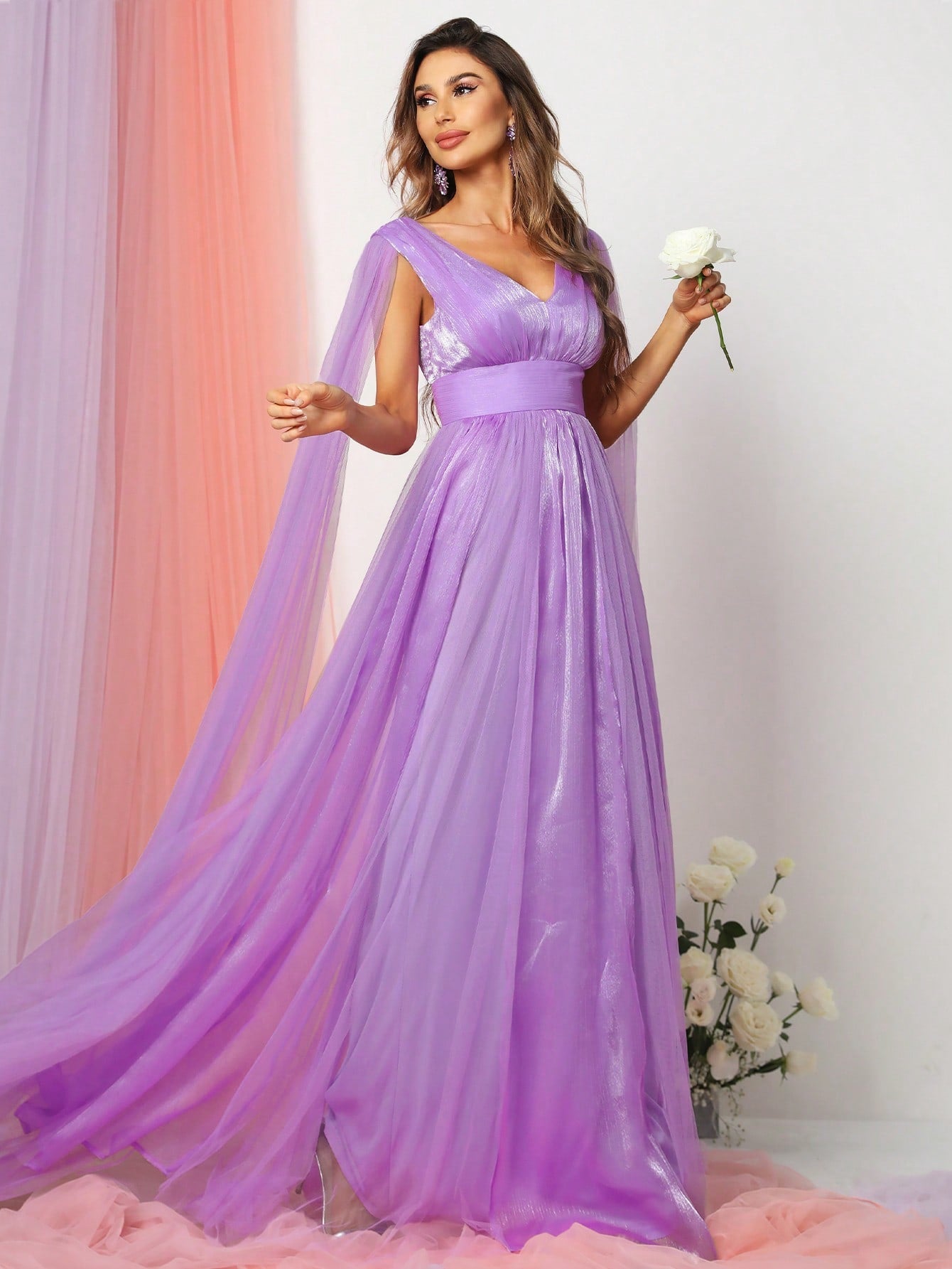Plunging Neck A Line Bridesmaid dress With Cape Purple / L Plunging Neck A Line Bridesmaid dress With Cape Purple / L