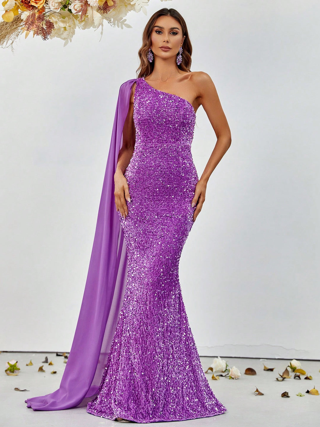 one shoulder purple sequin dress Primavera Couture 4221 Size 16 Purple Short Beaded Sequin Homecoming Dress One Shoulder Fitted Cocktail Gown
