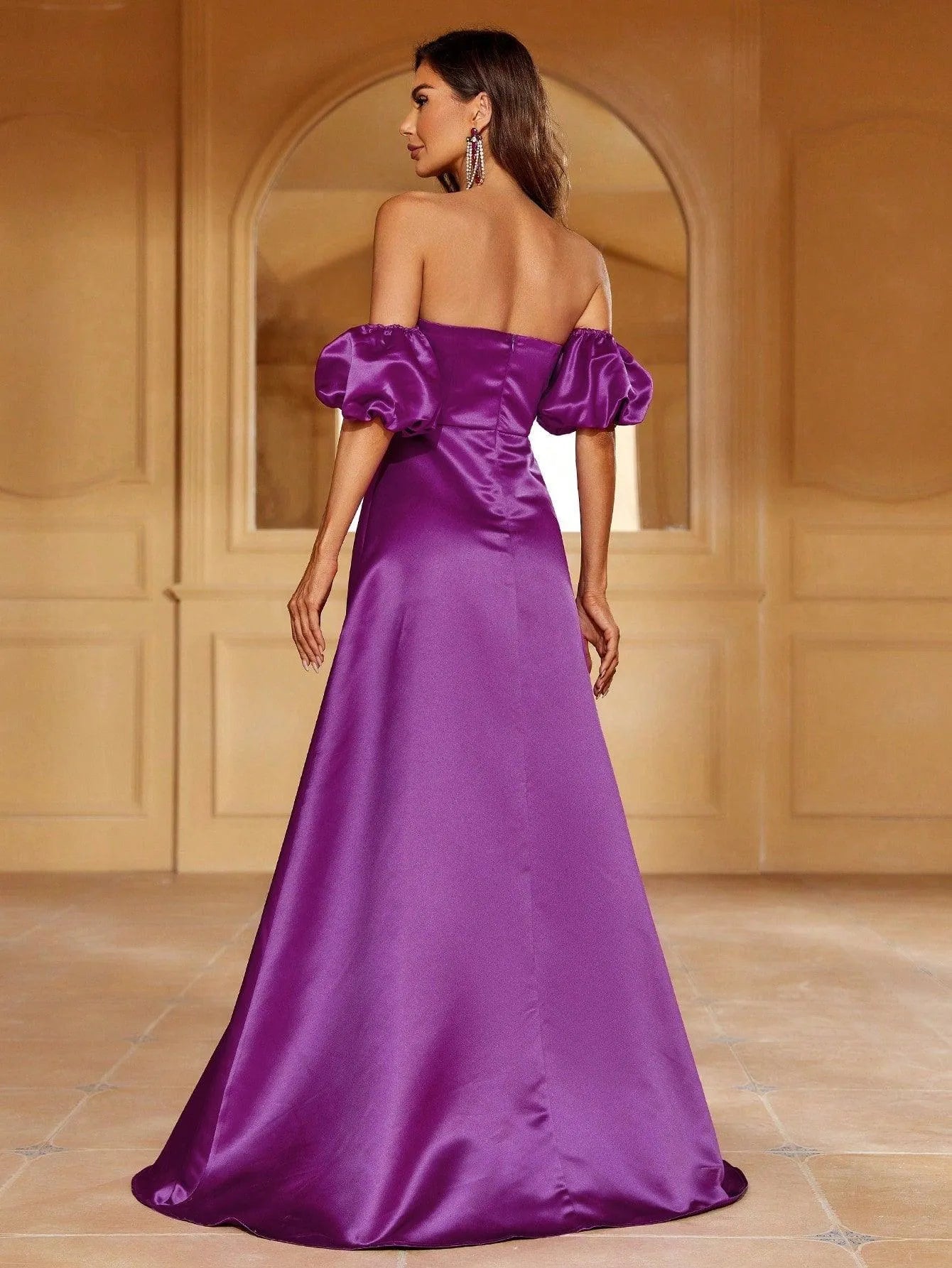 Off Shoulder Puff Sleeve Satin A Line Dress Purple / L