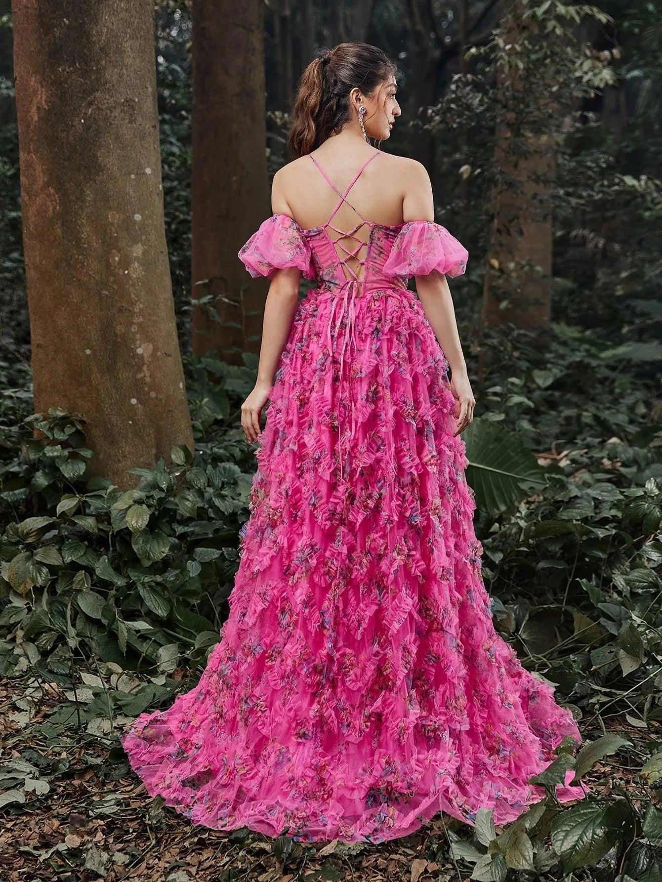 Floral Tulle Off Shoulder Cascading Ruffle Hem Slip Prom Dress Green / M Floral Tulle Off Shoulder Cascading Ruffle Hem Slip Prom Dress Green / M