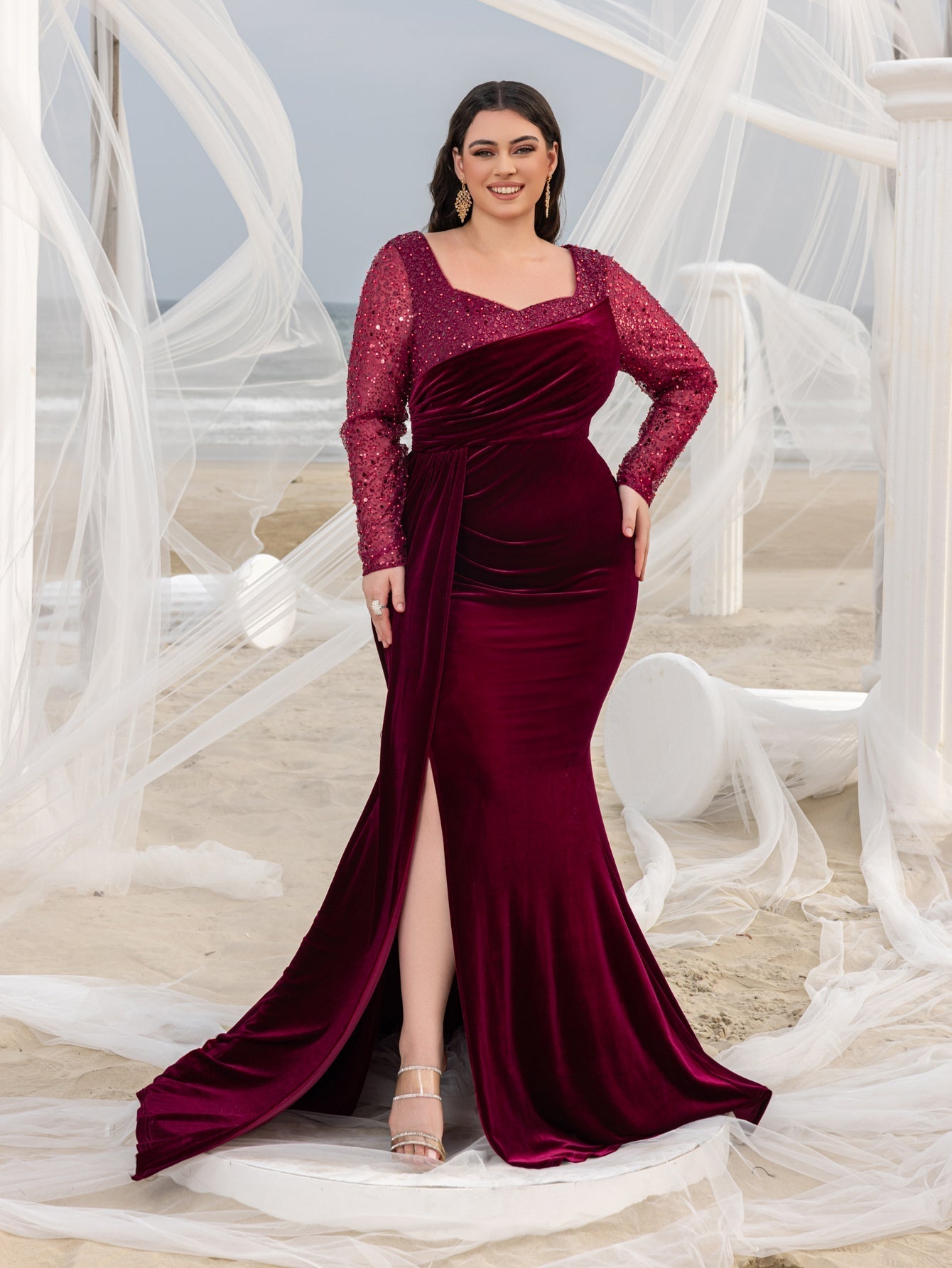 Plus Elegant Sweetheart Neck Contrast Sequin Mermaid Hem Velvet Evening Dress