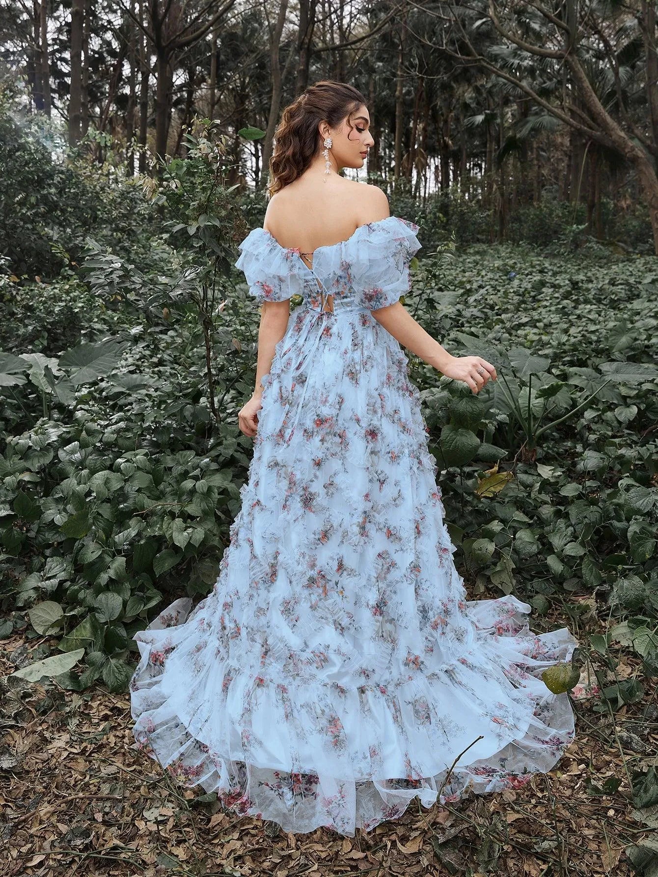 Elegant Ruffle Trim Puff Sleeves Floral Organza Prom Dress Navy Blue / M Elegant Ruffle Trim Puff Sleeves Floral Organza Prom Dress Navy Blue / M