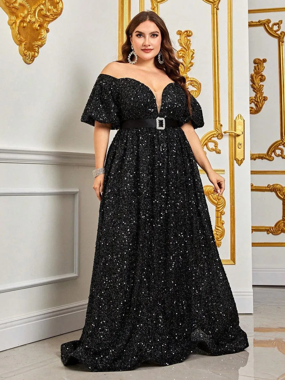 Plus Off Shoulder Puff Sleeves Sequin Formal Dress Black / 3XL Plus Off Shoulder Puff Sleeves Sequin Formal Dress Black / 3XL