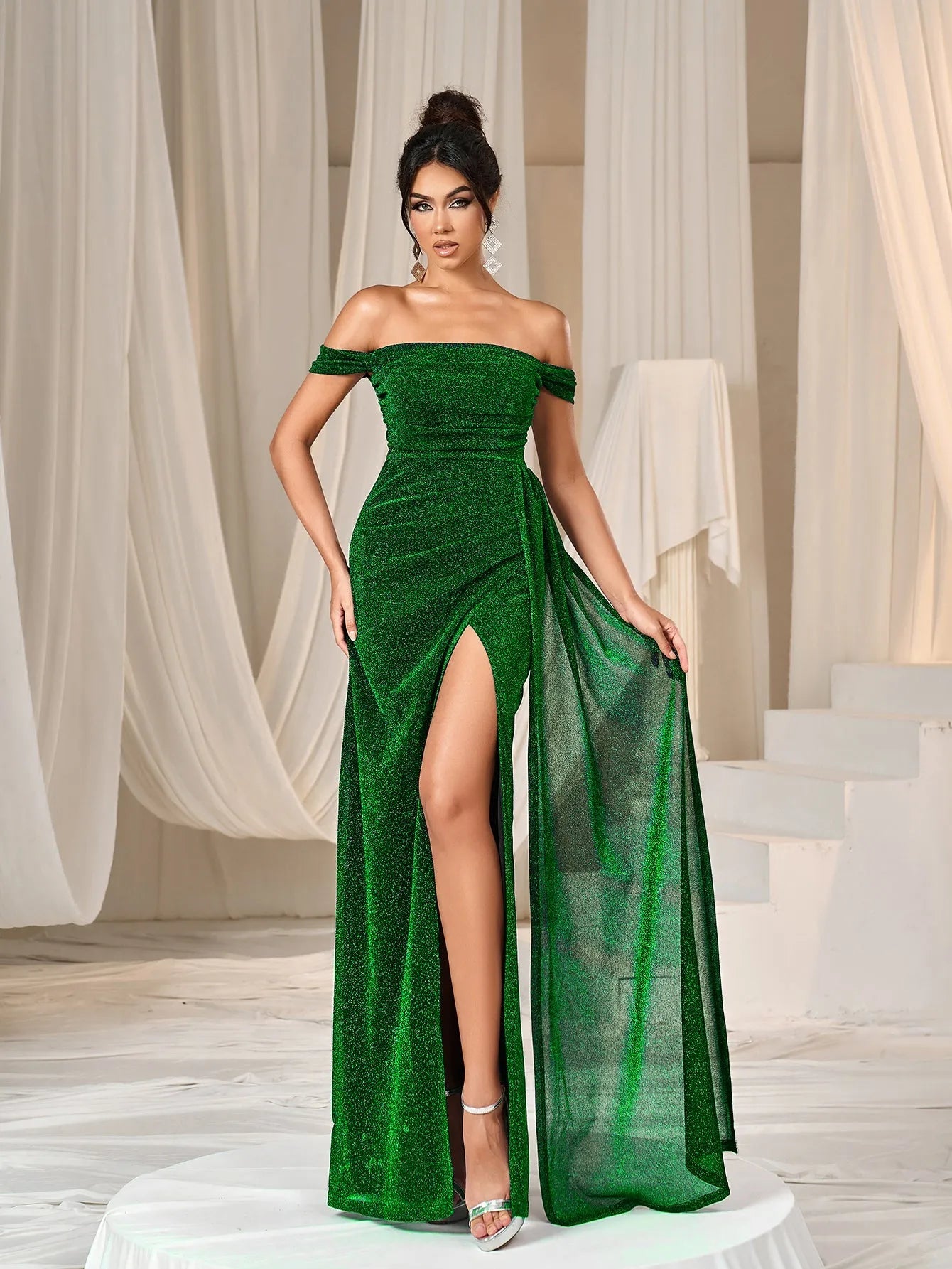 Glitter Off Shoulder Draped Side Split Thigh Formal Evening Dress Faeriesty Glitter Off Shoulder Draped Side Split Thigh Formal Evening Dress Faeriesty