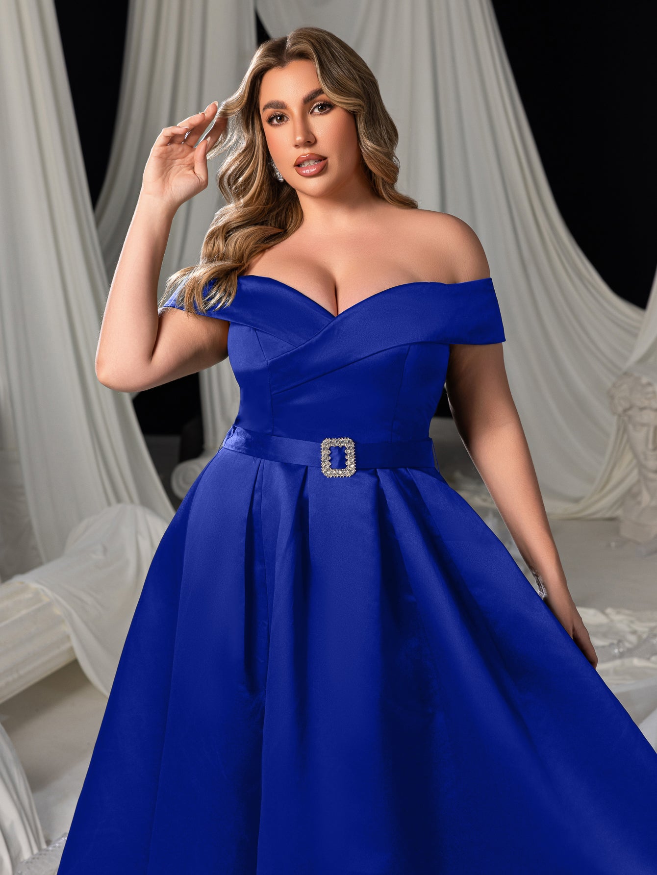Plus Off Shoulder Buckle Belted Satin Ball Gown