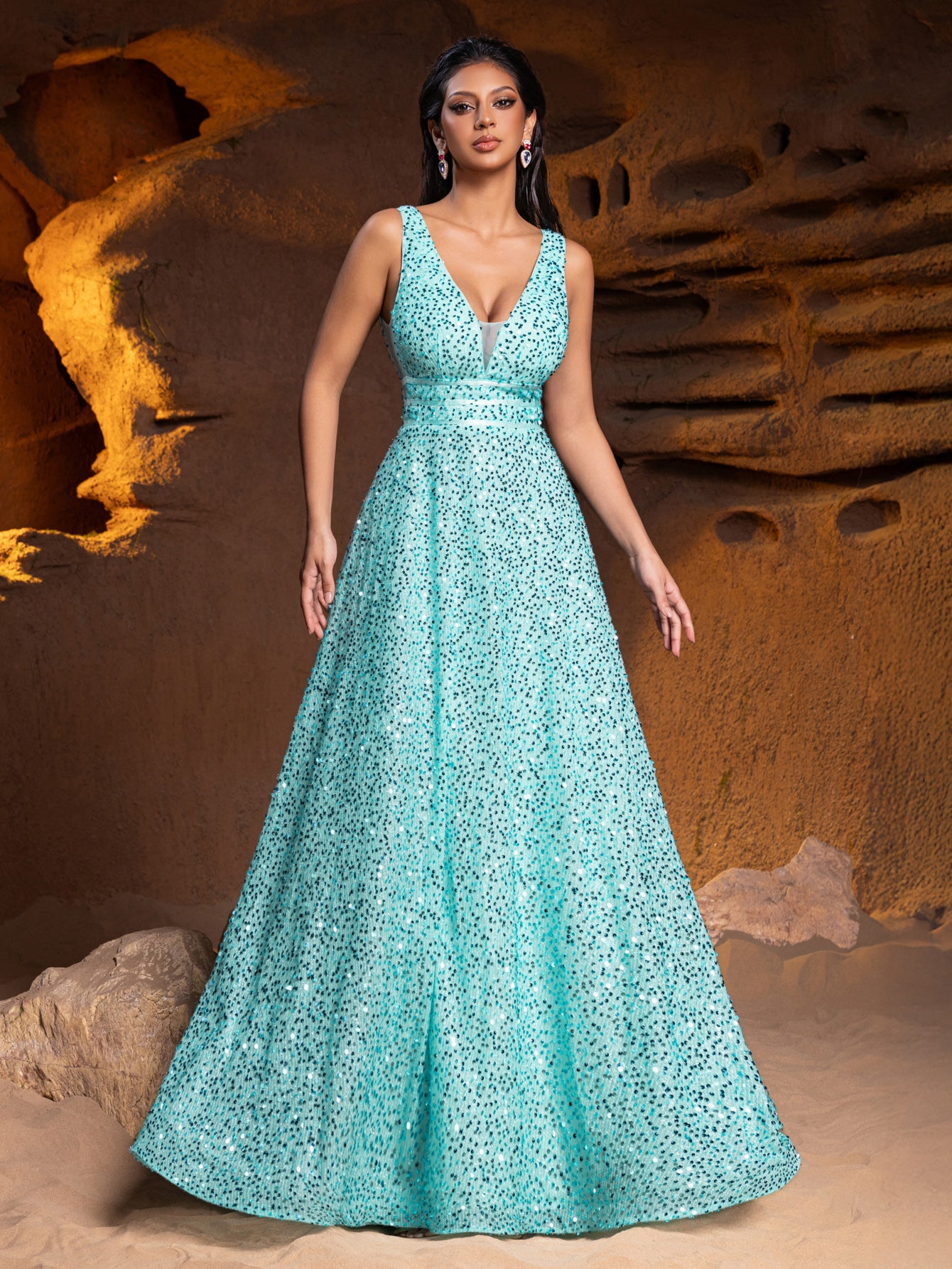 Elegant V Neck Sleeveless Sequin A-line Dresses Mint / XL