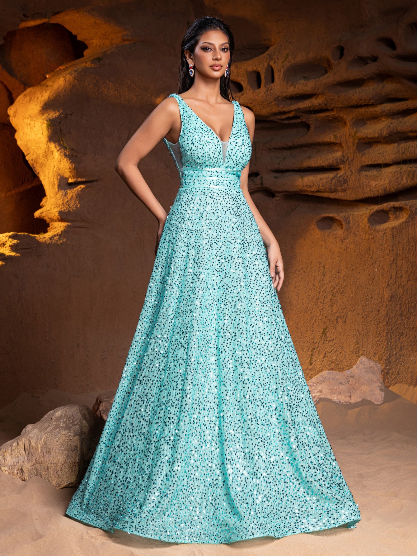 Elegant V Neck Sleeveless Sequin A-line Dresses Mint / XL Elegant V Neck Sleeveless Sequin A-line Dresses Mint / XL