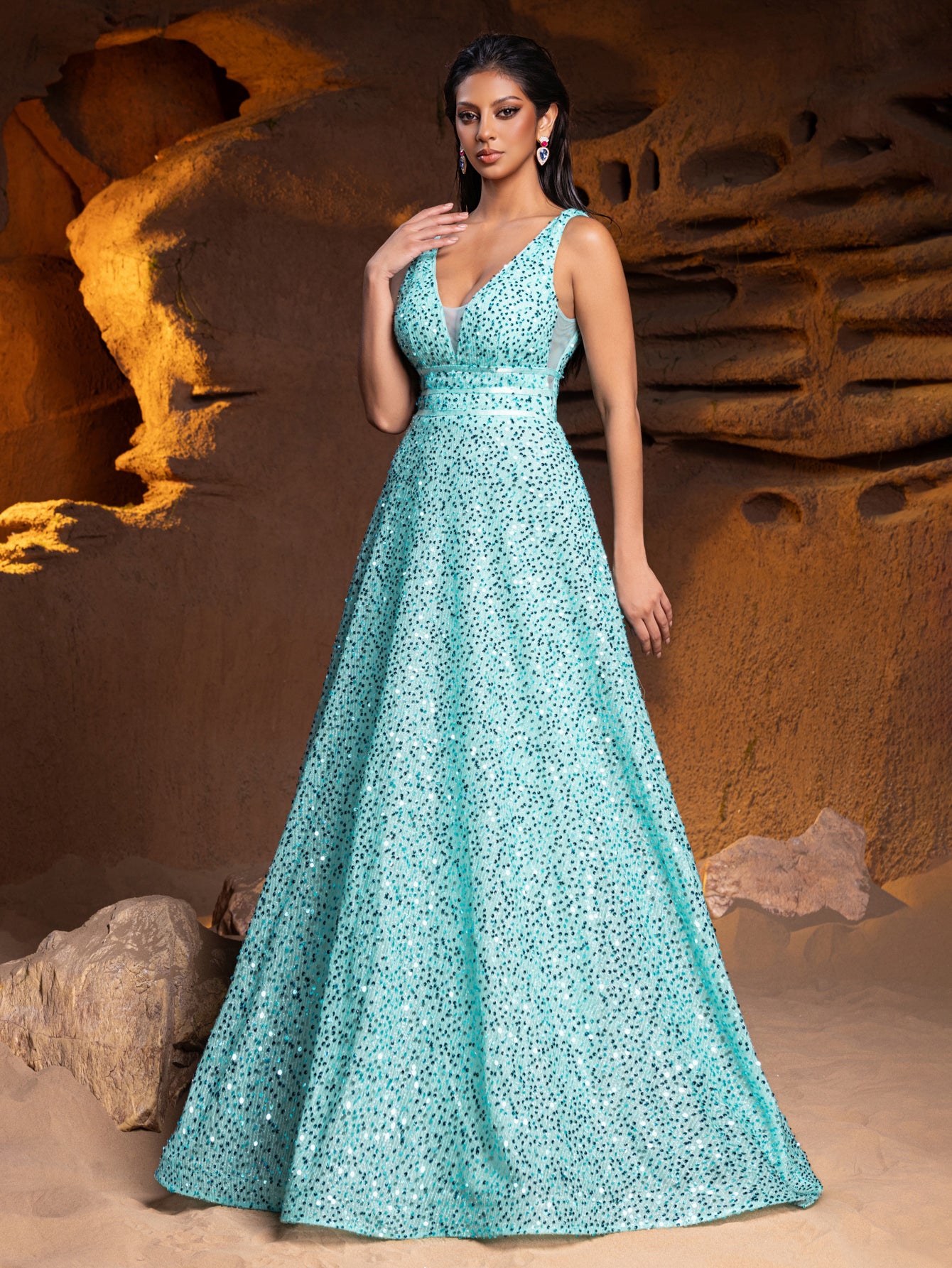 Elegant V Neck Sleeveless Sequin A-line Dresses Faeriesty Elegant V Neck Sleeveless Sequin A-line Dresses Faeriesty