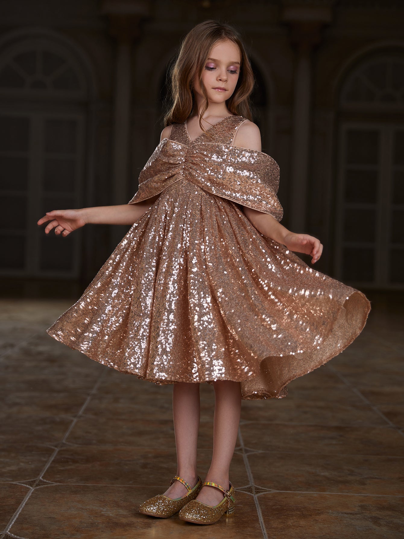 Girl's Bow Detail Sequin Midi Dress
