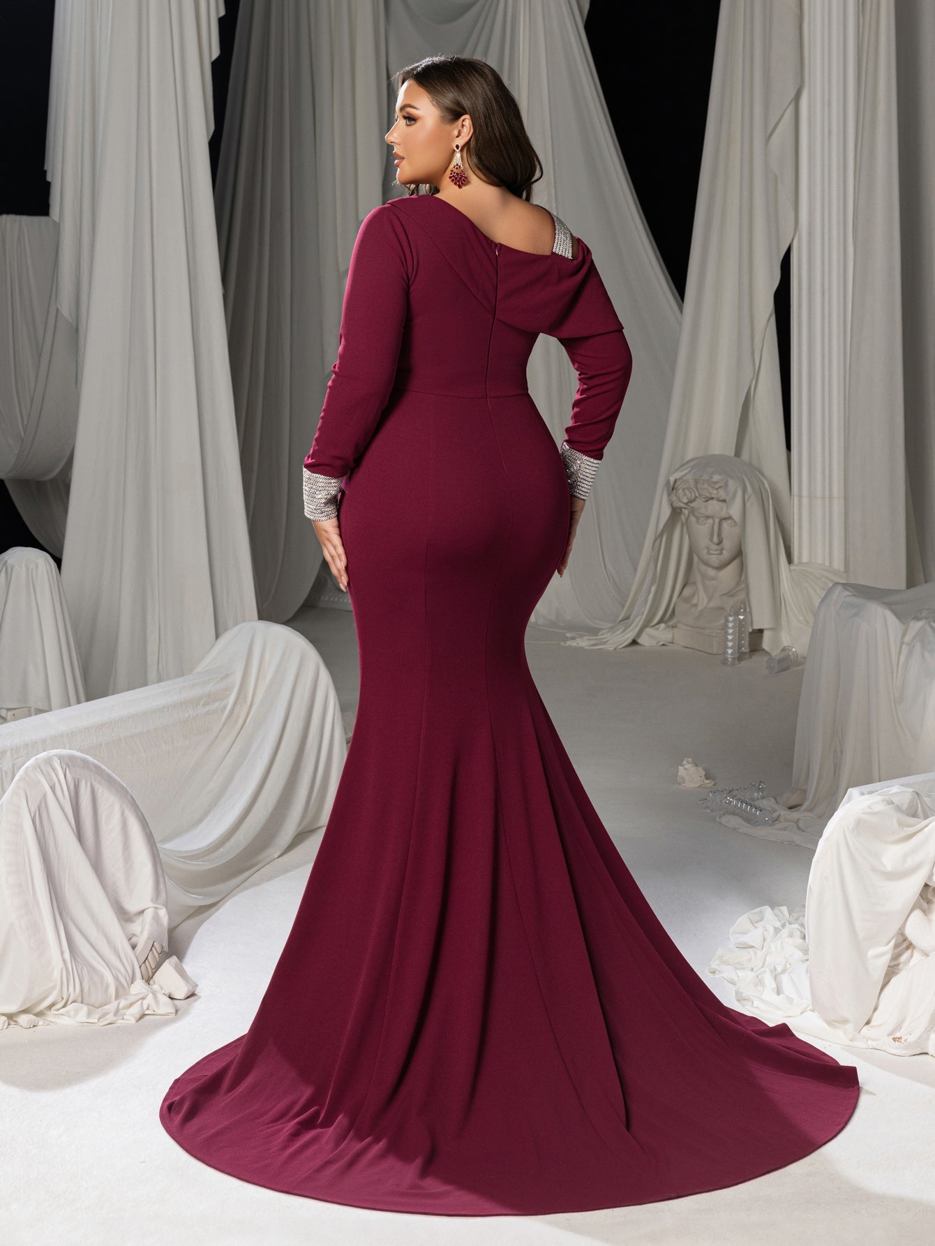 Plus Size One-Shoulder Mermaid Evening Gown - Formal Dress with Rhine Burgundy / 1XL Plus Size One-Shoulder Mermaid Evening Gown - Formal Dress with Rhine Burgundy / 1XL