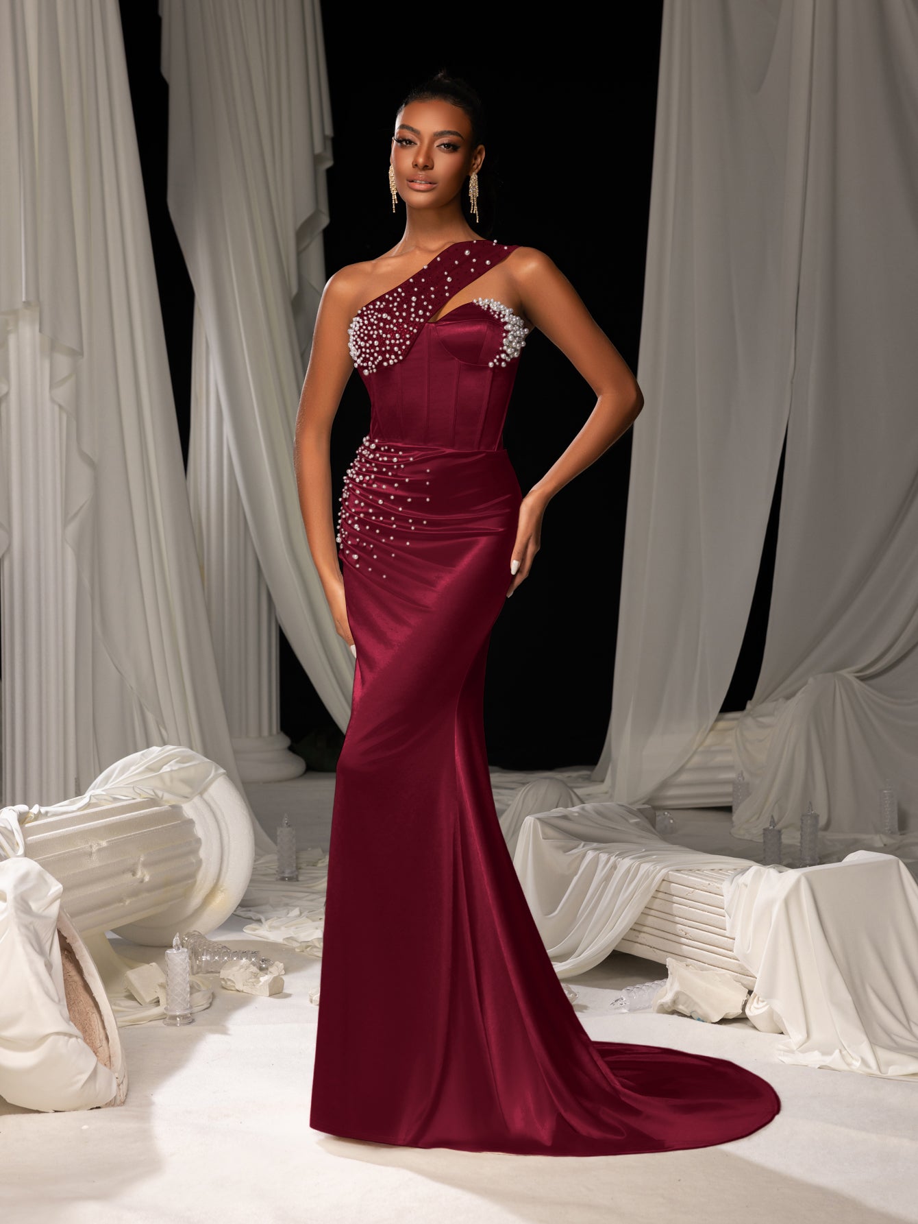 Elegant One Shoulder Mermaid Hem Satin Evening Dress with Pearl Accents