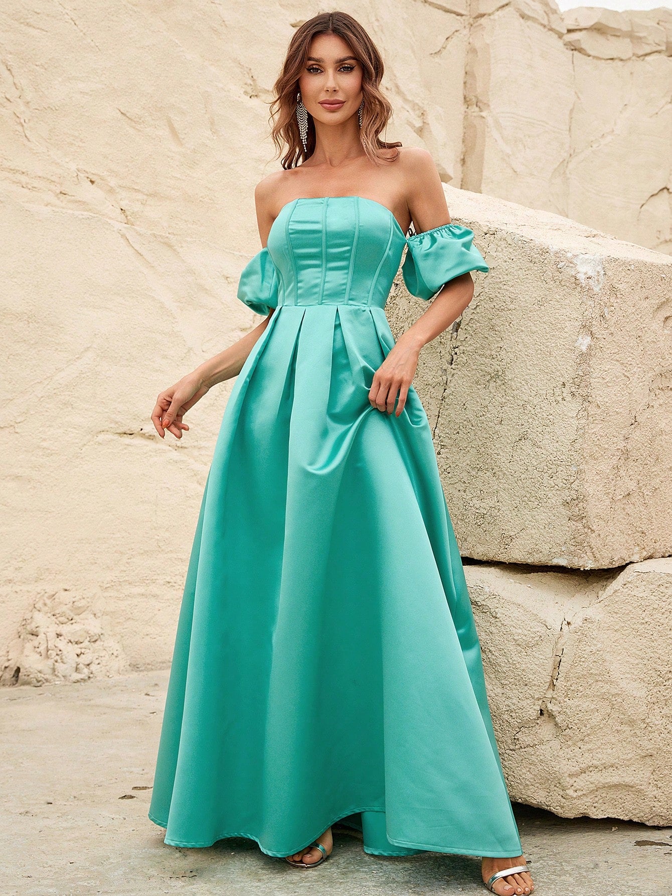 Off Shoulder Puff Sleeves Ruched Bust Fold Pleated Satin Gown