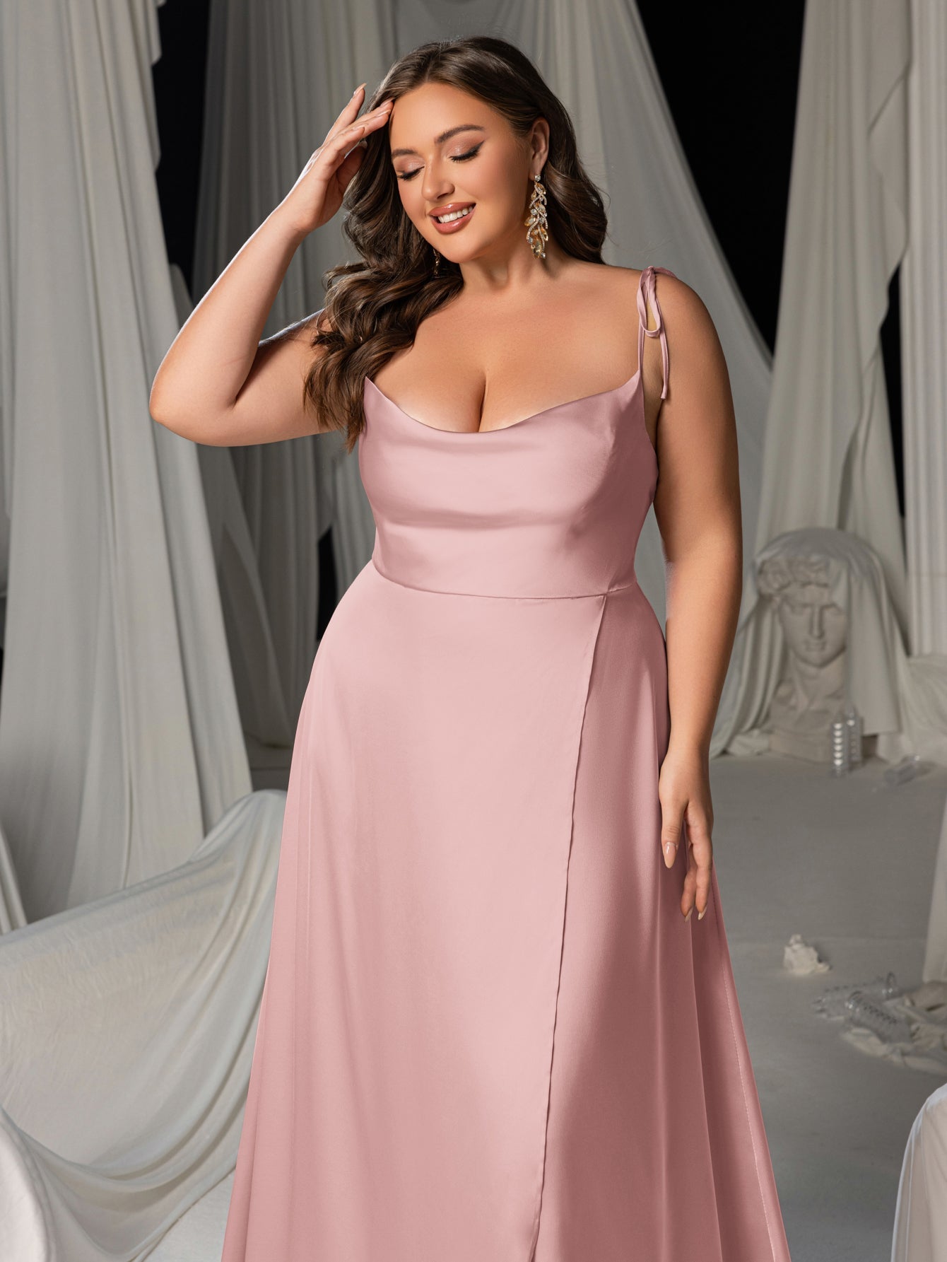Plus Satin Spaghetti Straps Formal Evening Dress with High Slit