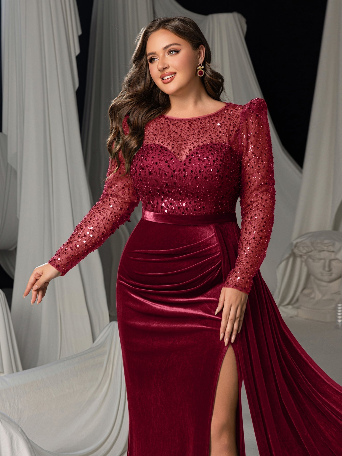 Plus Luxury Formal Gown with Sequin Bodice, Puffed Sleeves, Velvet High-Slit Skirt