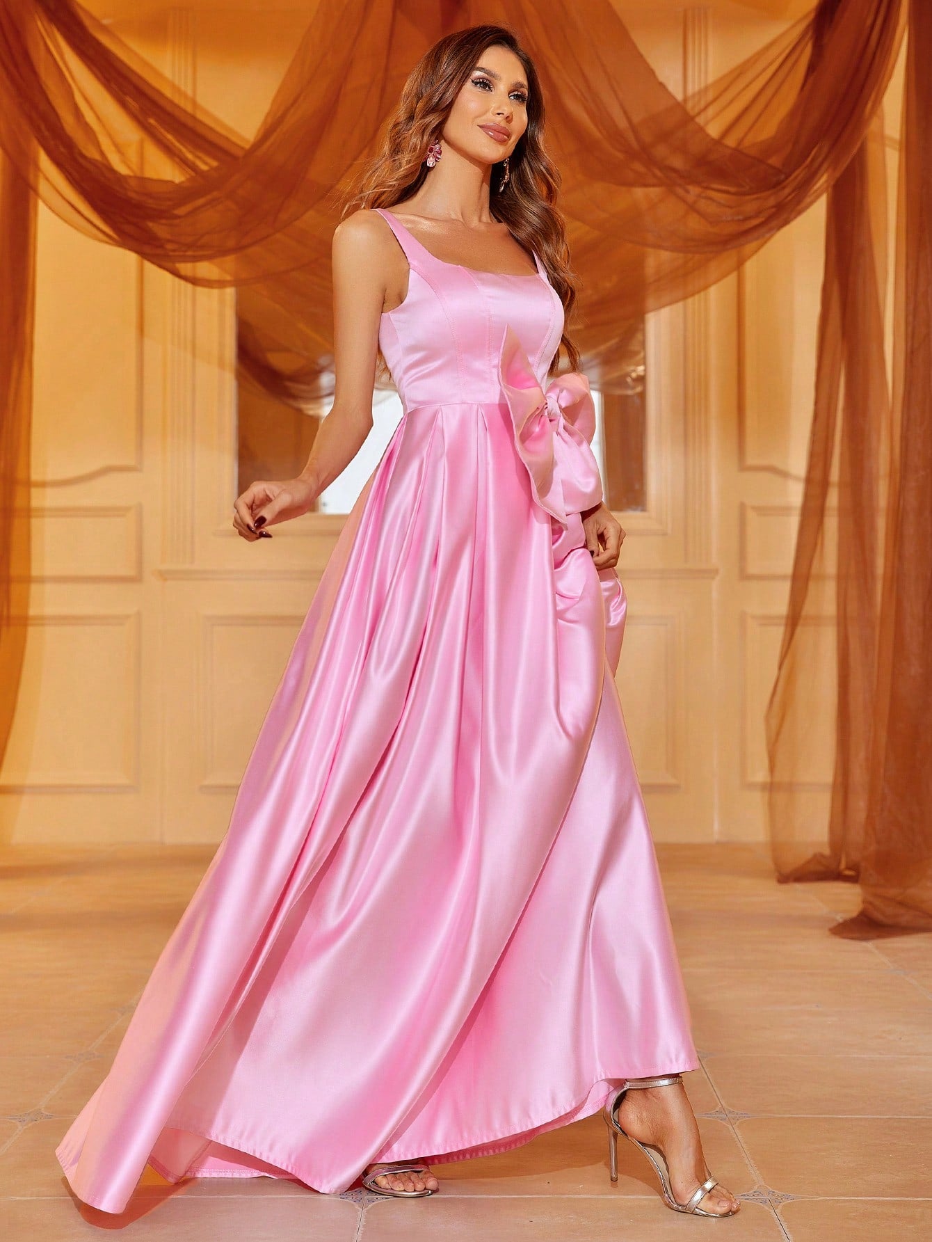 Bow Front Square Neck Sleeveless Satin A Line Dresses