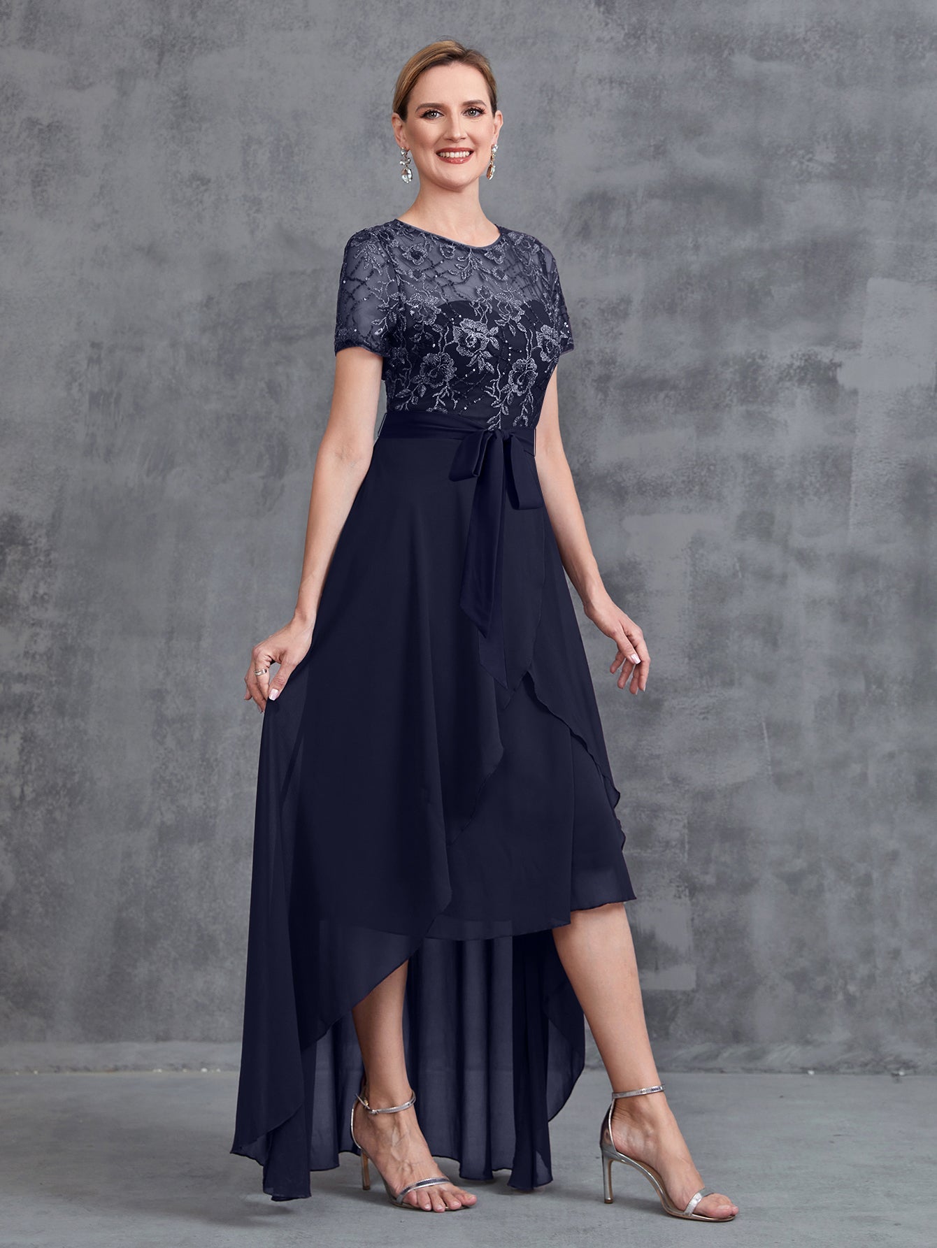 Womens' Elegant Mother-of-the-Bride Gown: Embroidered Sequin Bodice with Asymmetric Chiffon Skirt – Formal Dress for Beach Weddings & Evening Galas