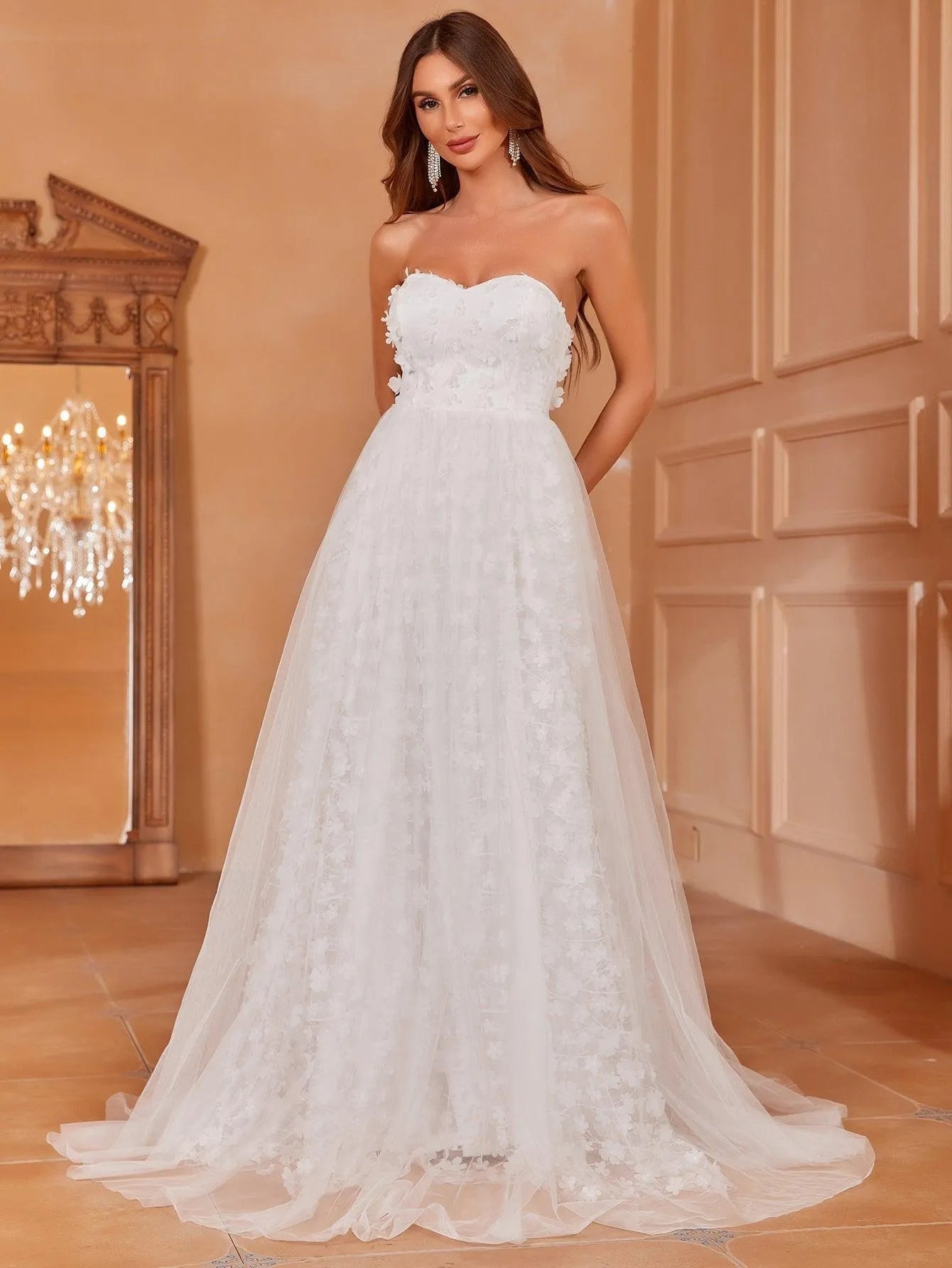 Mesh Overlay Floral Applique Tube Formal Dress, White / L Mesh Overlay Floral Applique Tube Formal Dress, White / L