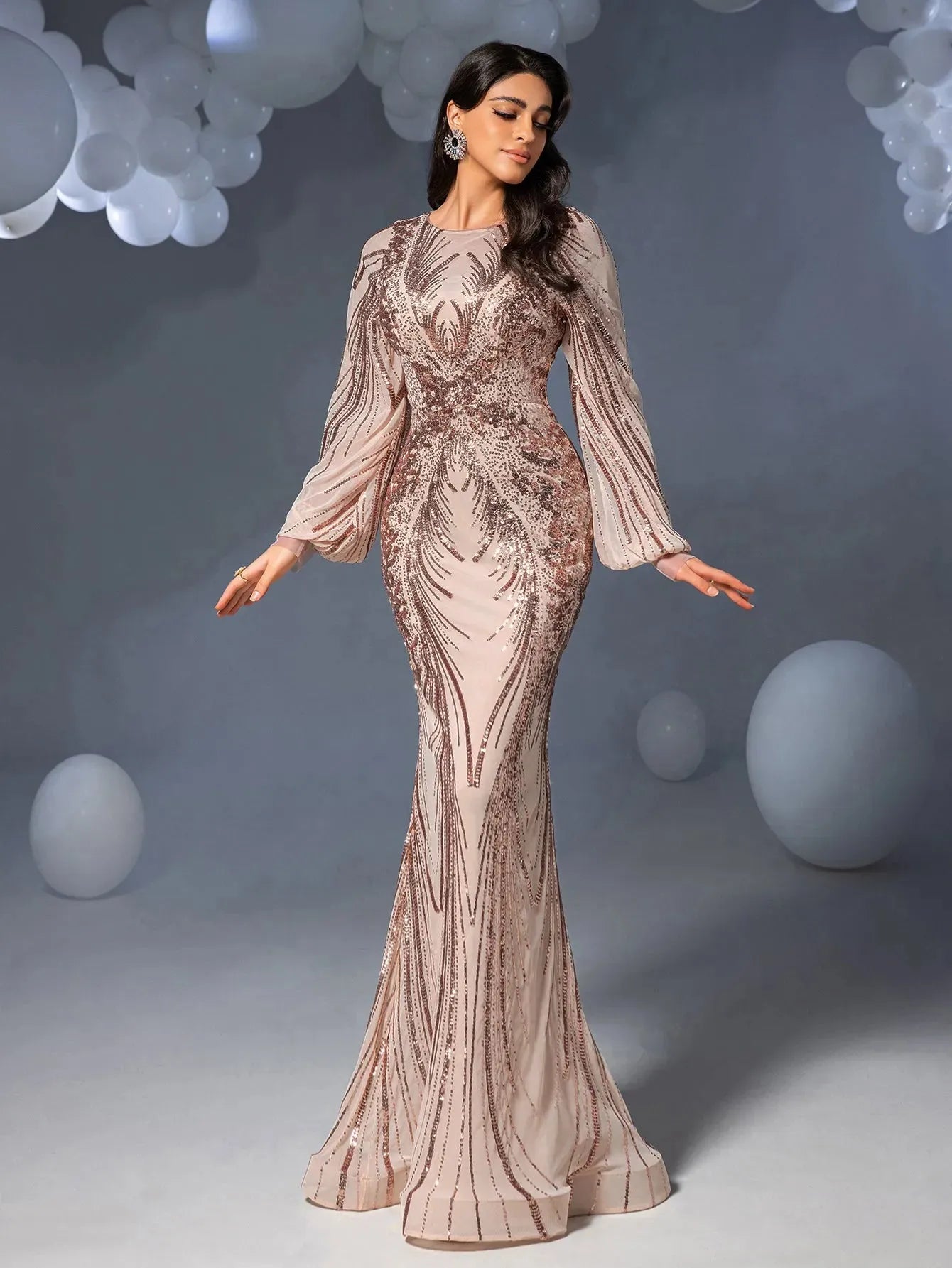 Gorgeous Lantern Sleeves Mermaid Hem Graphic Sequin Evening Dress Champagne / Xs Gorgeous Lantern Sleeves Mermaid Hem Graphic Sequin Evening Dress Champagne / Xs