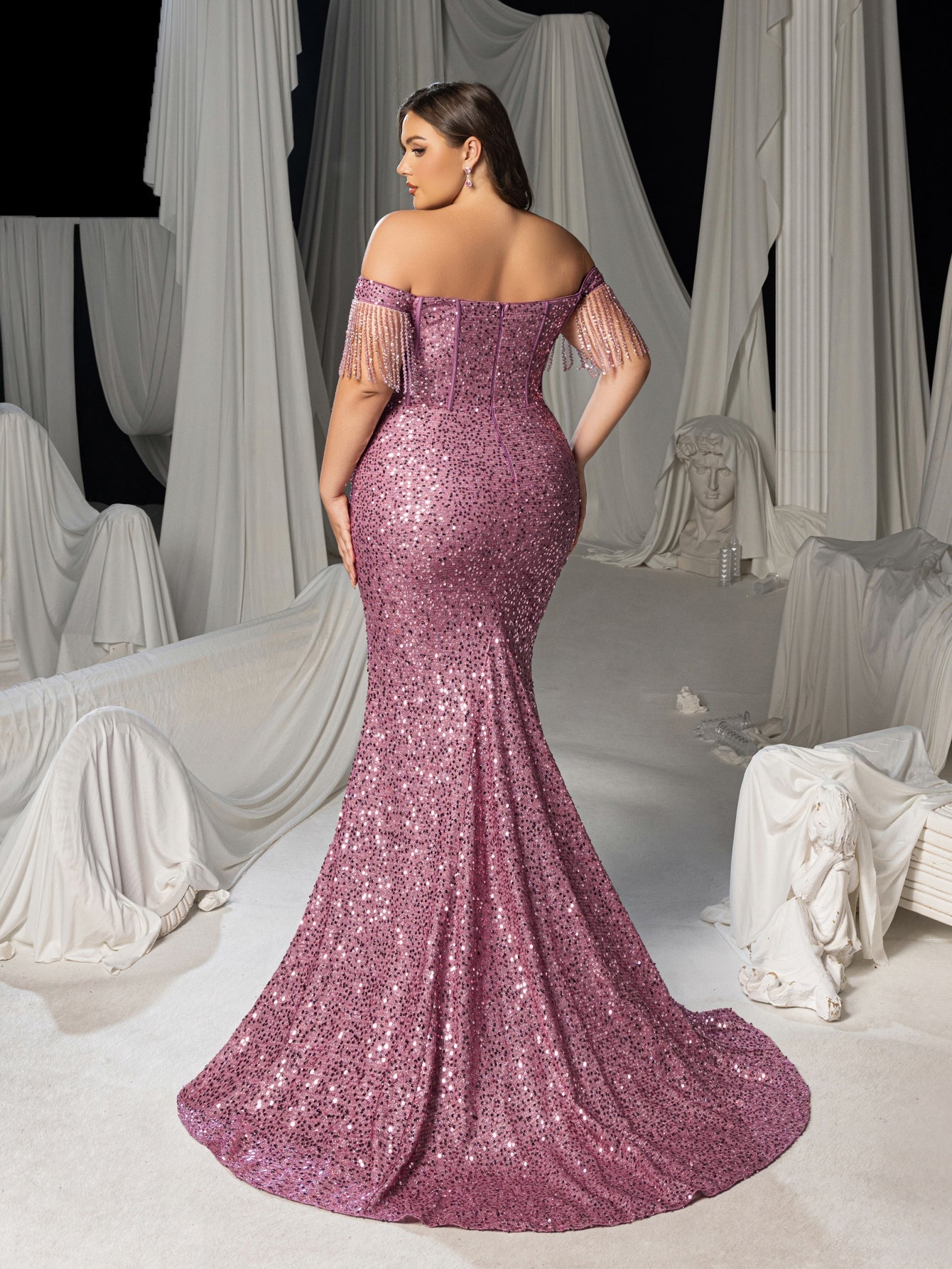 Plus Elegant Off-Shoulder Sequin Evening Gown - Beaded Fringe Mermaid Dress with Thigh Slit