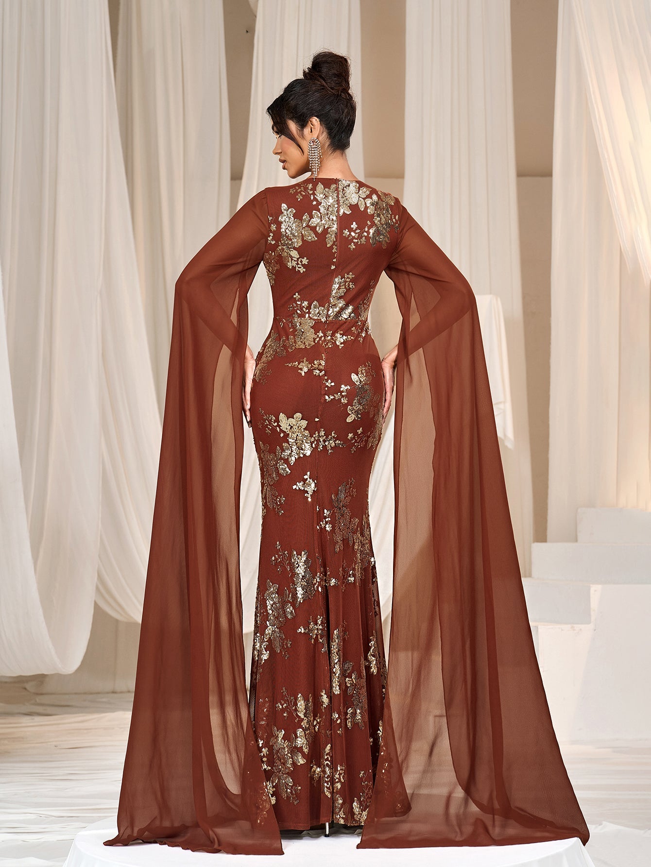Gorgeous Sequin Embroidery Evening Gown - V-Neck Mermaid Dress with Cape Sleeves & High Slit