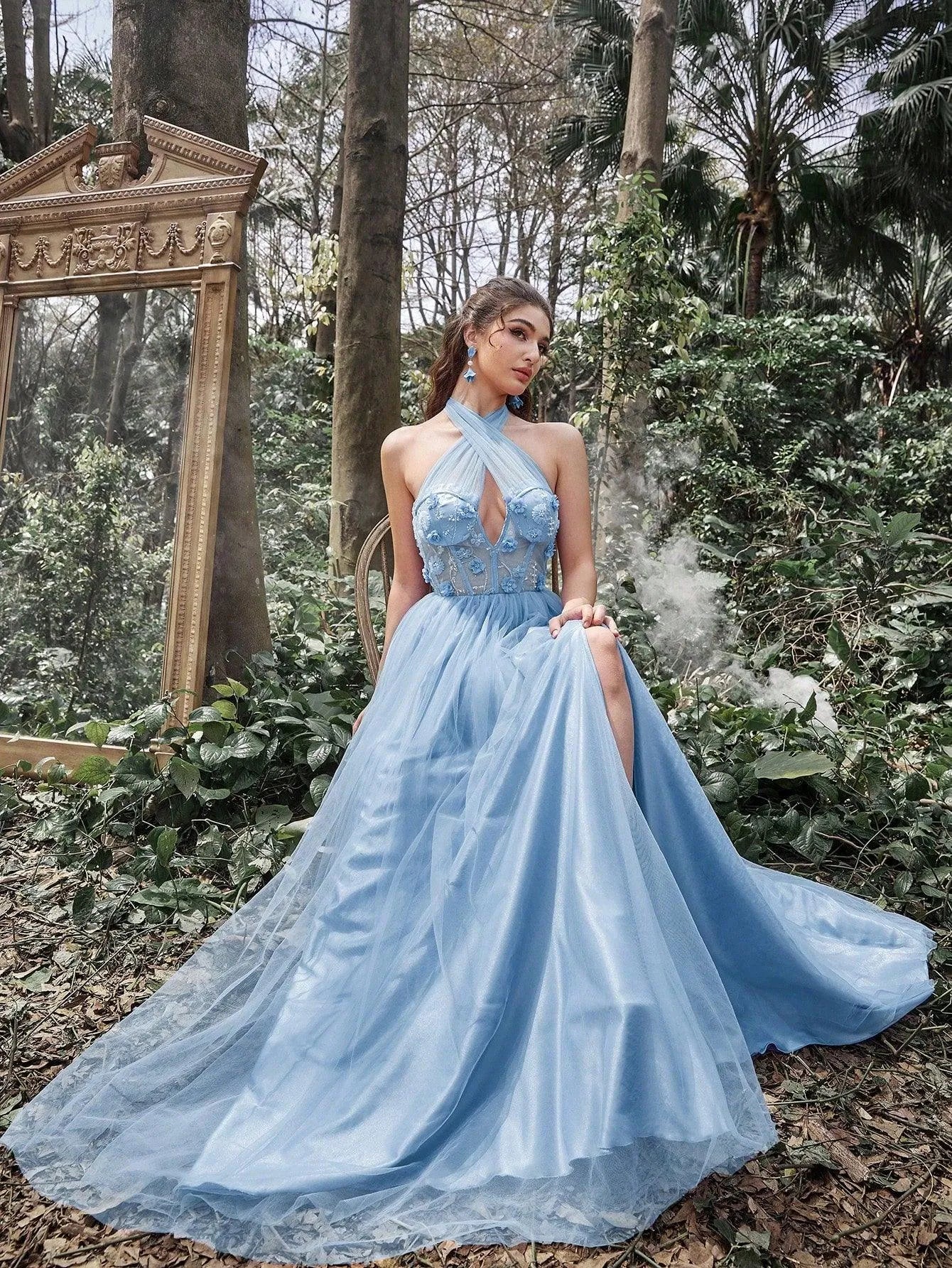 Gorgeous Halter Neck Applique Detail Bodice Lace-Up Back Prom Dress Light Blue / XS Gorgeous Halter Neck Applique Detail Bodice Lace-Up Back Prom Dress Light Blue / XS