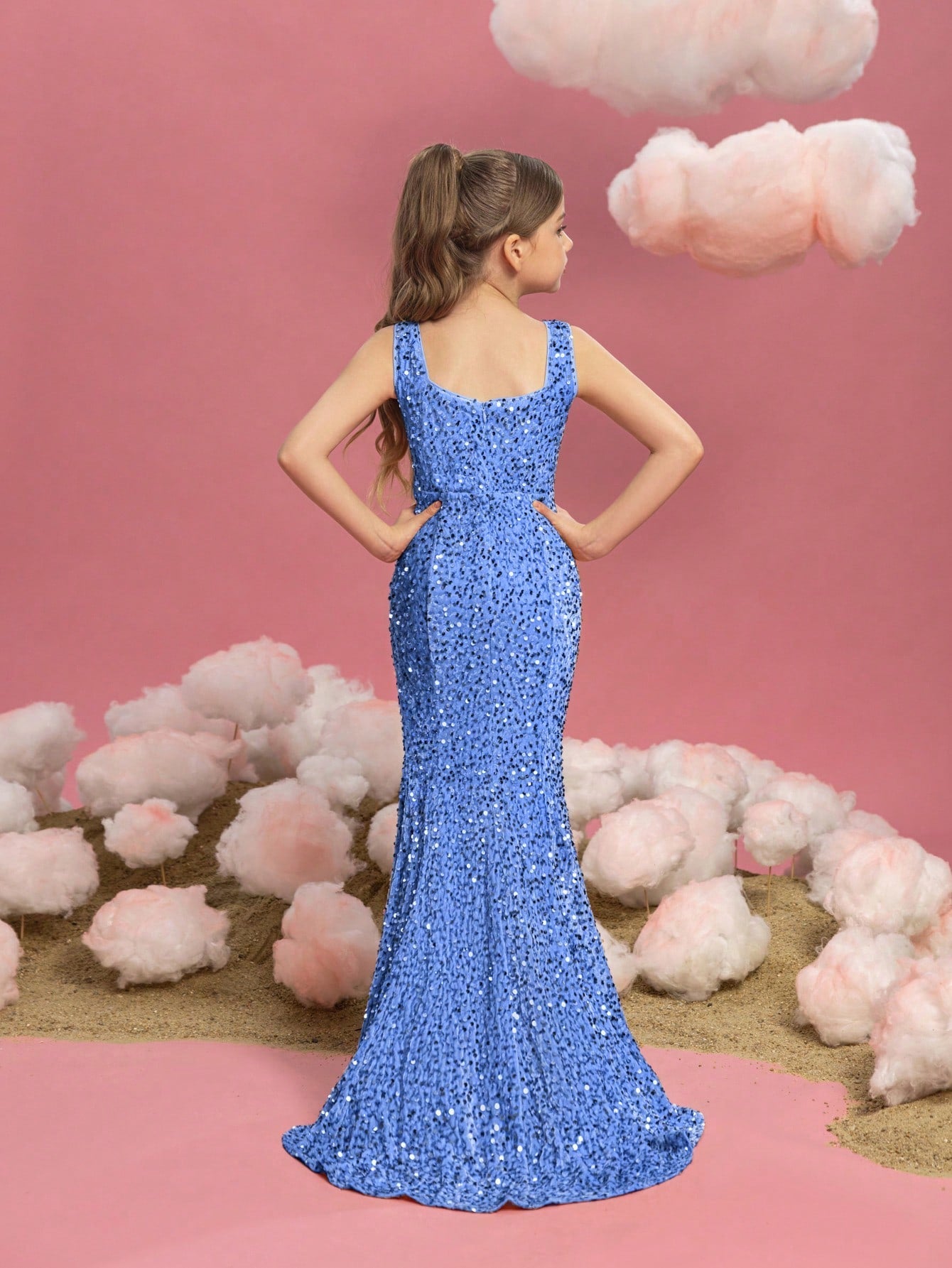 Tween Girls' Square Neck Sleeveless Mermaid Hem Sequin Party Dress Champagne / 9Y