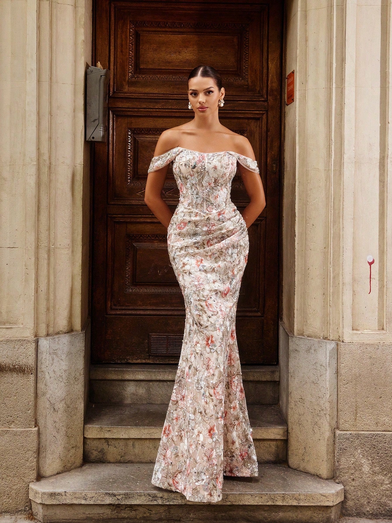 Elegant Maxi Floral Sequin Off-Shoulder Mermaid Evening Gown Apricot / XL