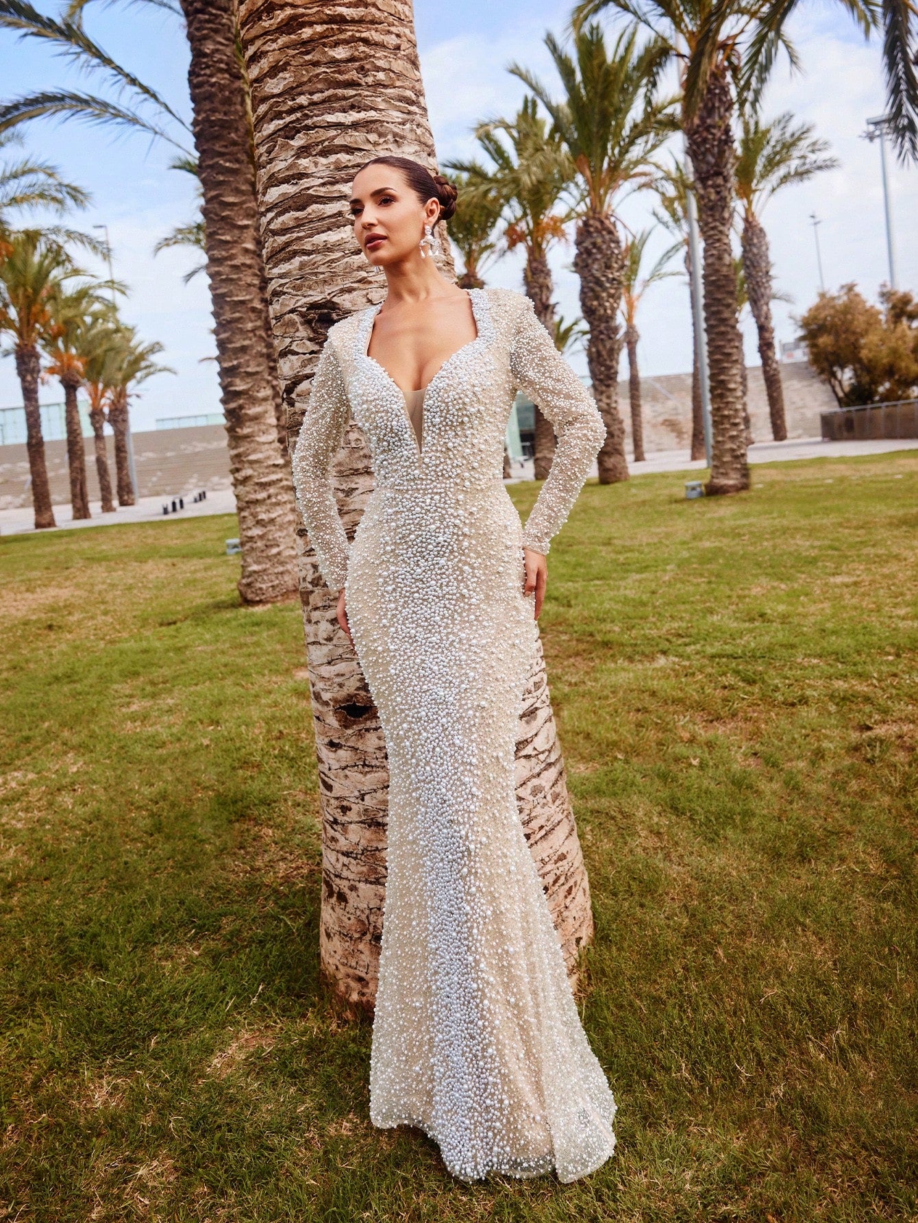 Elegant Sparkling Sequin Mermaid Evening Gown with Faux Pearl Accents Champagne / L