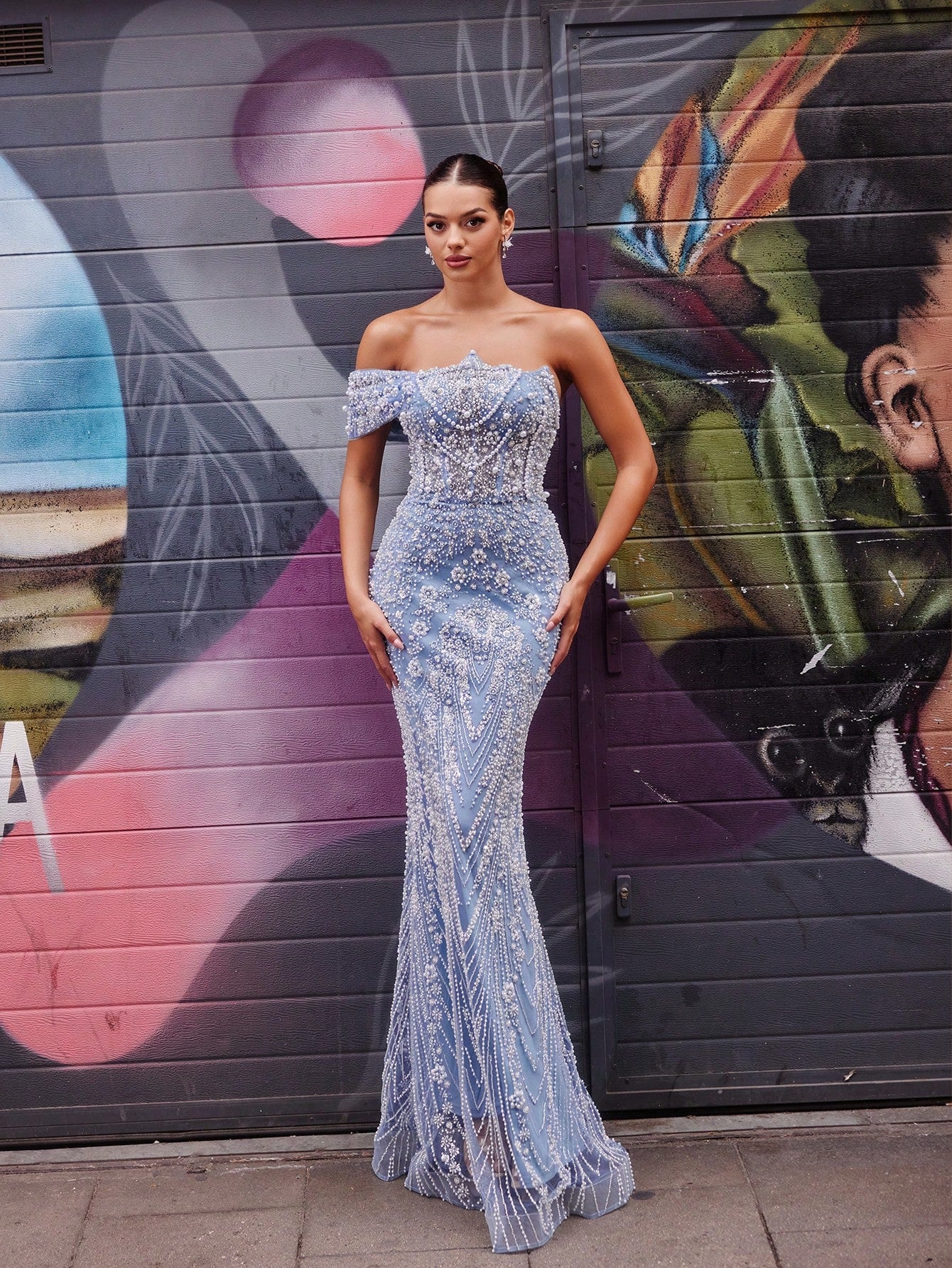 Elegant One-Shoulder Beaded Sequin Embroidered Mermaid Evening Gown Teal Blue / L