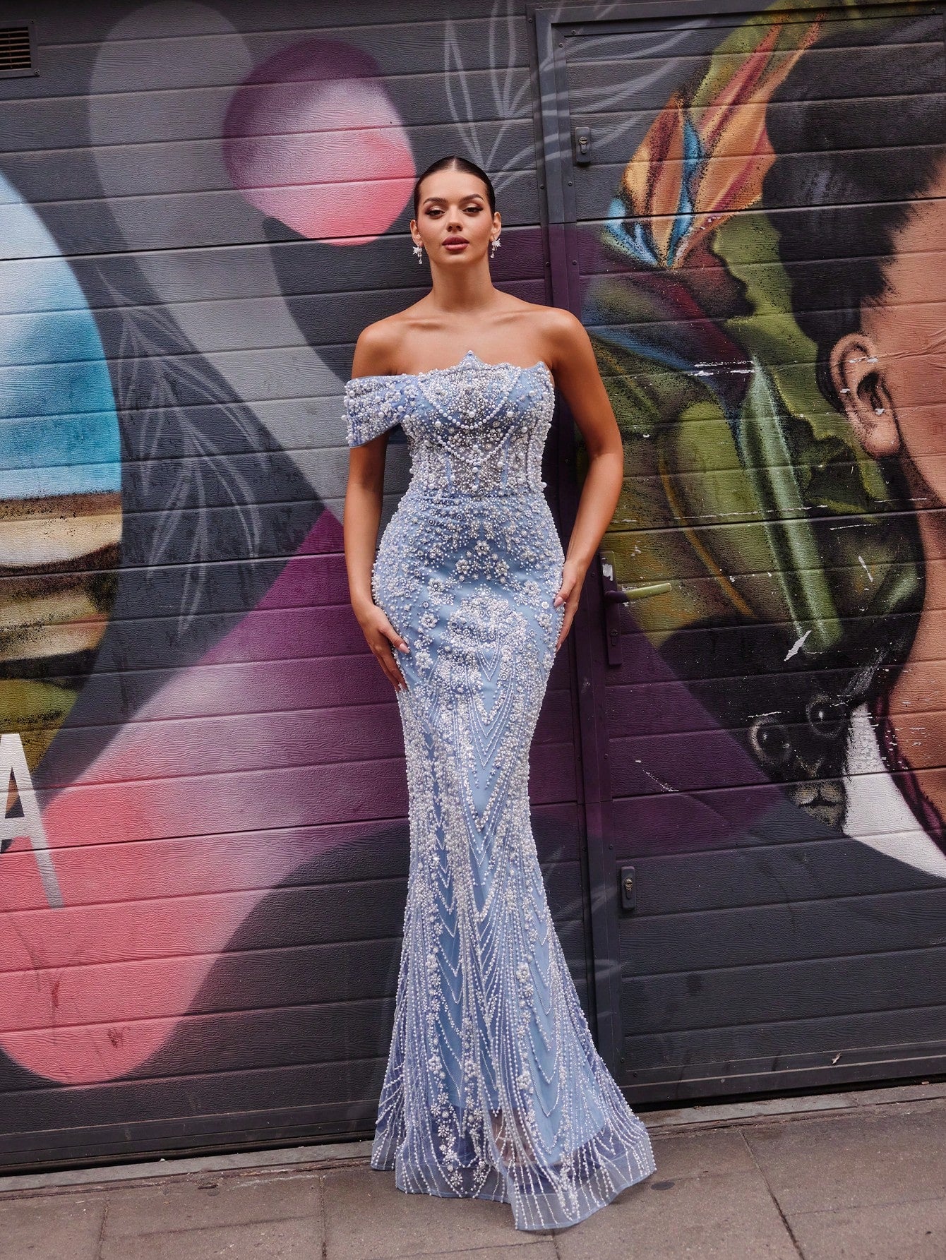 Elegant One-Shoulder Beaded Sequin Embroidered Mermaid Evening Gown Teal Blue / L