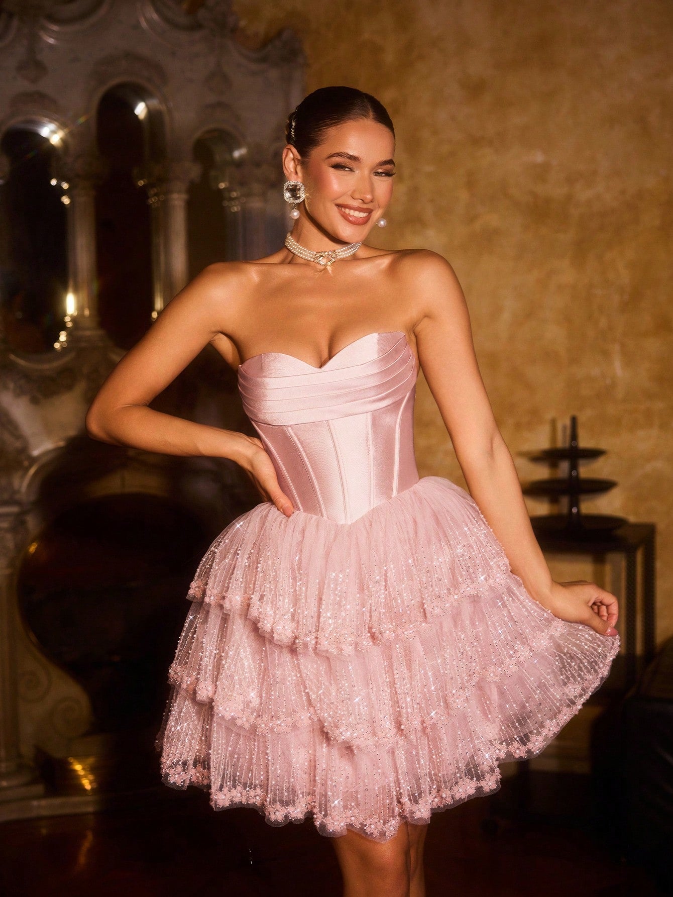 Luxury Strapless Party Dress with Fitted Satin Upper & Multi-Layered Beaded Tulle Skirt Champagne / XL