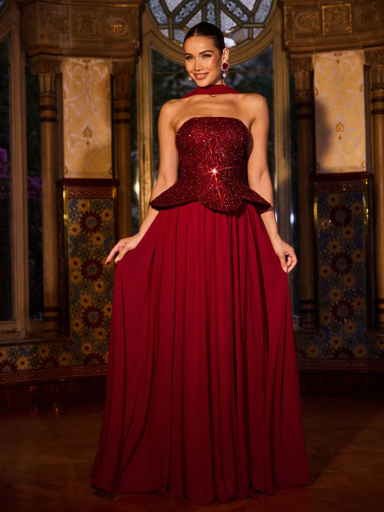 Elegant Sequin Strapless Chiffon Evening Gown with Crisscross Back Straps Burgundy / L