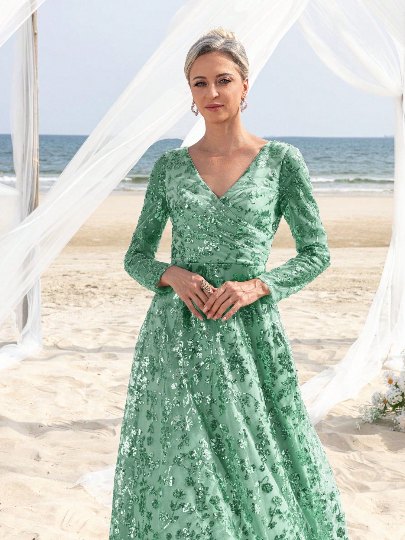 Womens' Elegant V-Neck Evening Gown with Delicate Lace & Silver Embroidery – Long Flowing Skirt for Seaside Weddings & Romantic Beach Events