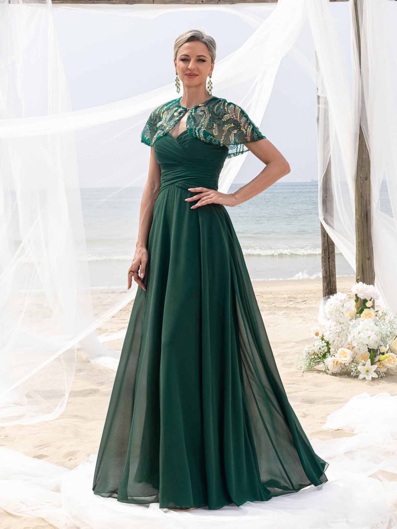 Womens' Elegant Mother-of-the-Bride Gown Sets: Multicolor Sequin Cape & Strapless Chiffon Maxi Dress